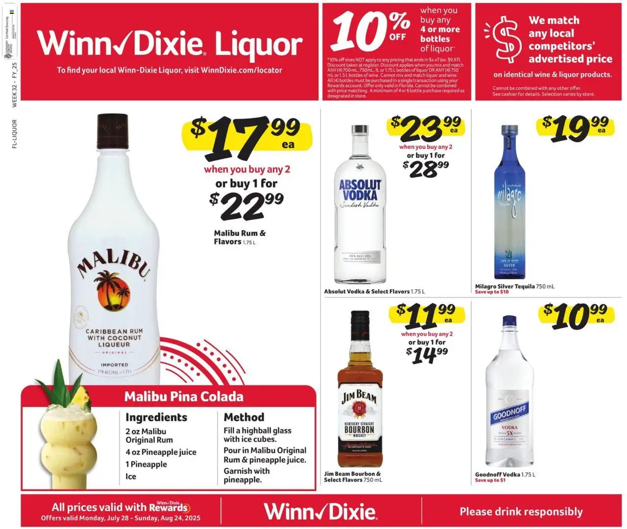 Winn Dixie Alcohol Flyer from 07/28/2025 - Flyer - Page number 1 - Malibu, Juice, Pineapple, Vodka, Coconut, Rum, Jim Beam, Pineapple juice