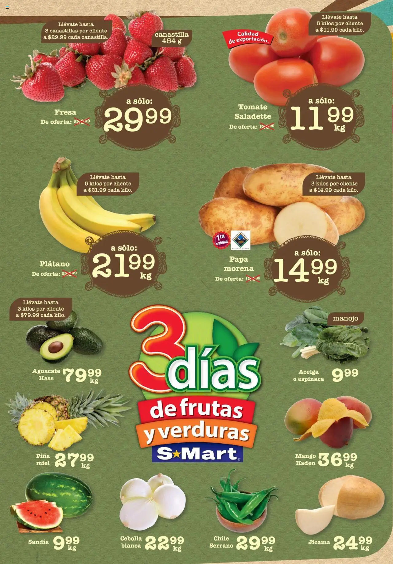 Folleto - Matamoros S-Mart y sus promociones válidas desde el 29/07/2025 - Número de página 1 - Cebolla, Fresa, Papa, Chile, Sandía, Piña, Miel, Verduras
