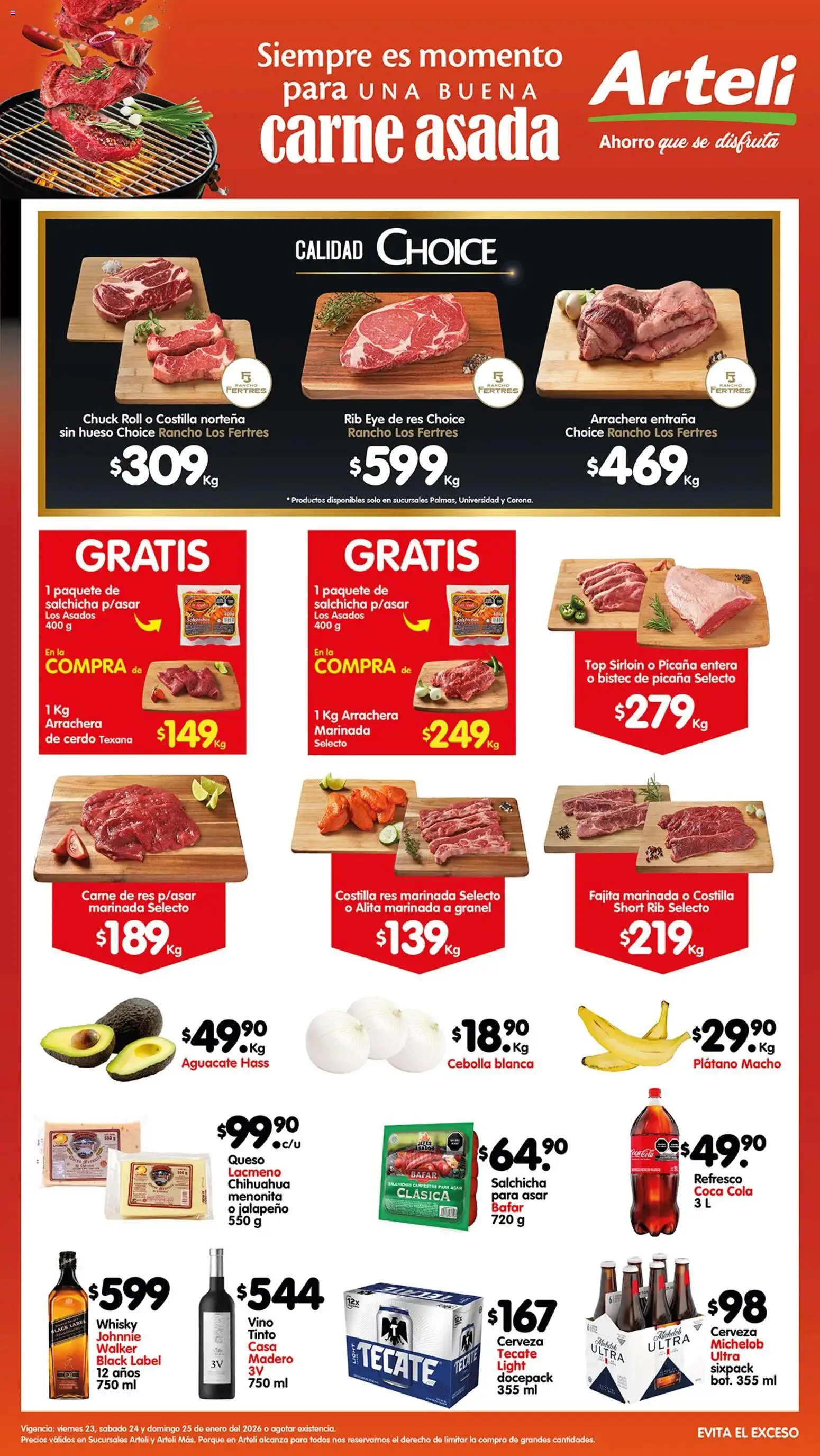 Vista previa las ofertas de la tienda Arteli - Folleto Carnita Asada desde el 23/01/2026 - Cerveza, Queso, Carne, Vino, Refresco, Bistec, Salchicha, Carne de res