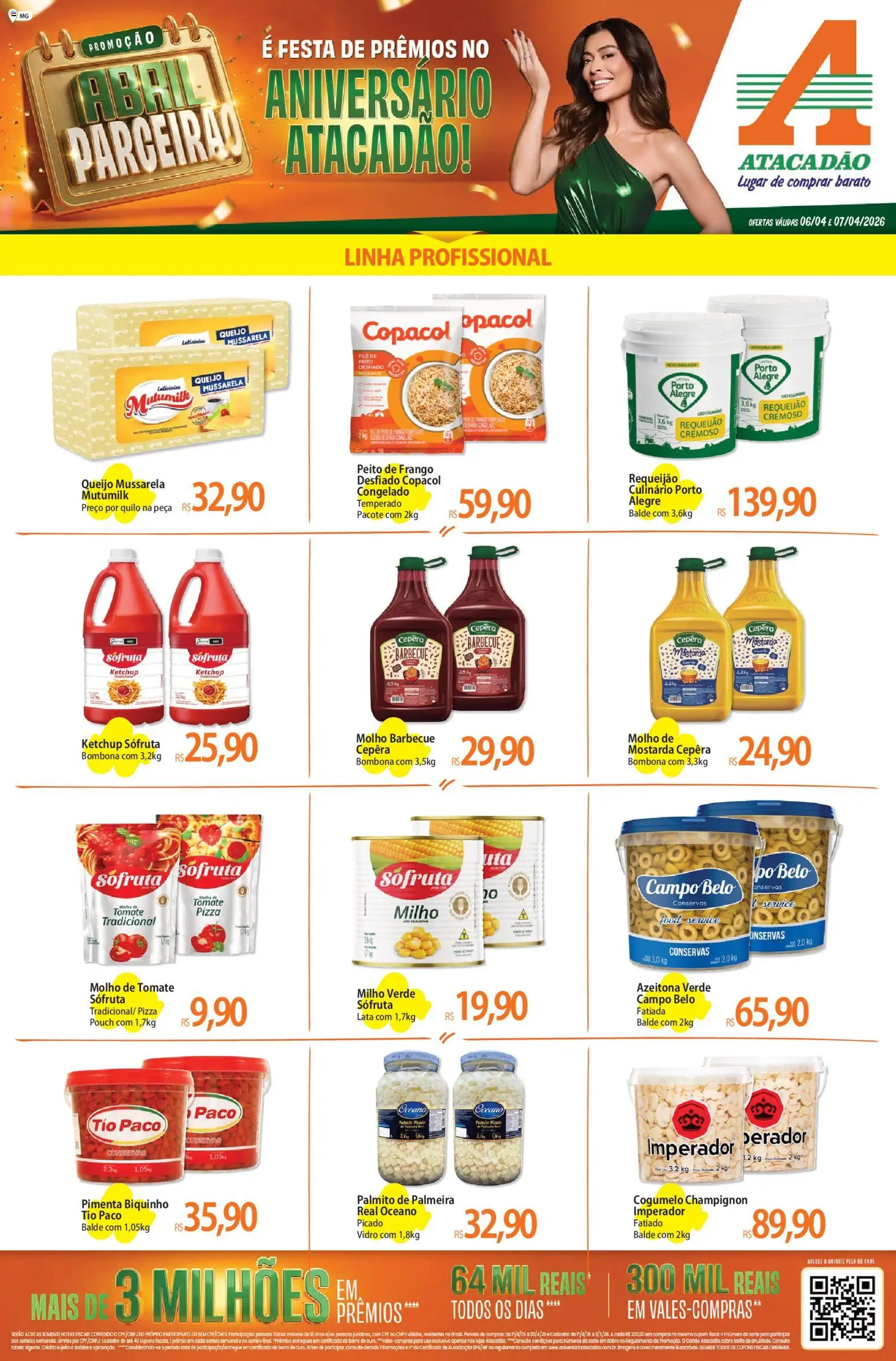 Pré-Visualização do folheto "Atacadão ofertas - MG" da loja Atacadão válido a partir de 06/04/2026 - Cogumelo, Queijo, Frango, Palmito, Pimenta, Pó, Molho de tomate, Mostarda