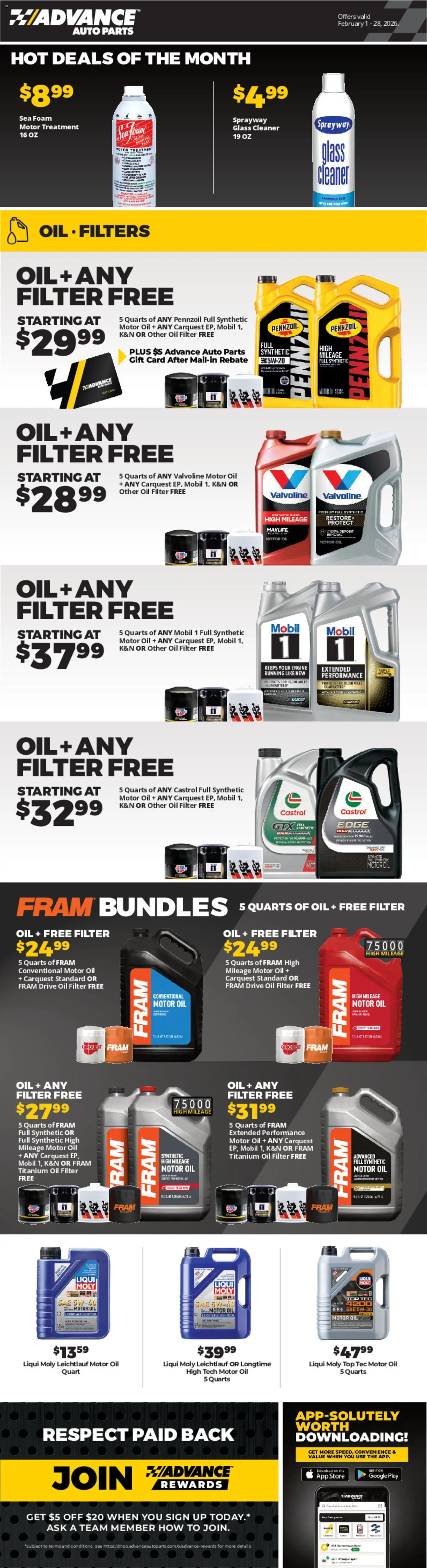 Ad Preview of Advance Auto Parts Weekly Ad from 02/01/2026 - Oil, Oil filter, Foam, Motor Oil
