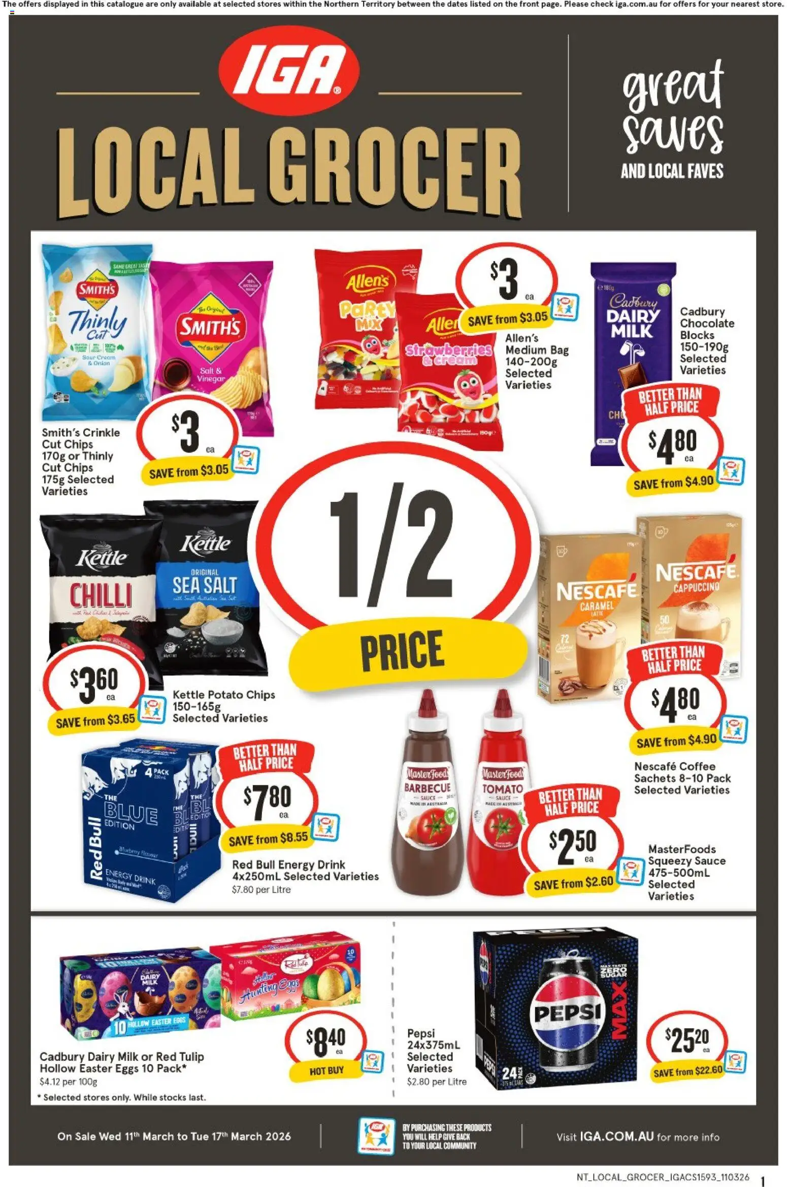 Preview of catalogue IGA Local Grocer NT from shop IGA valid 11/03/2026 - Dairy, Energy drink, Pepsi, Sachets, Cream, Chilli, Vinegar, Red Bull