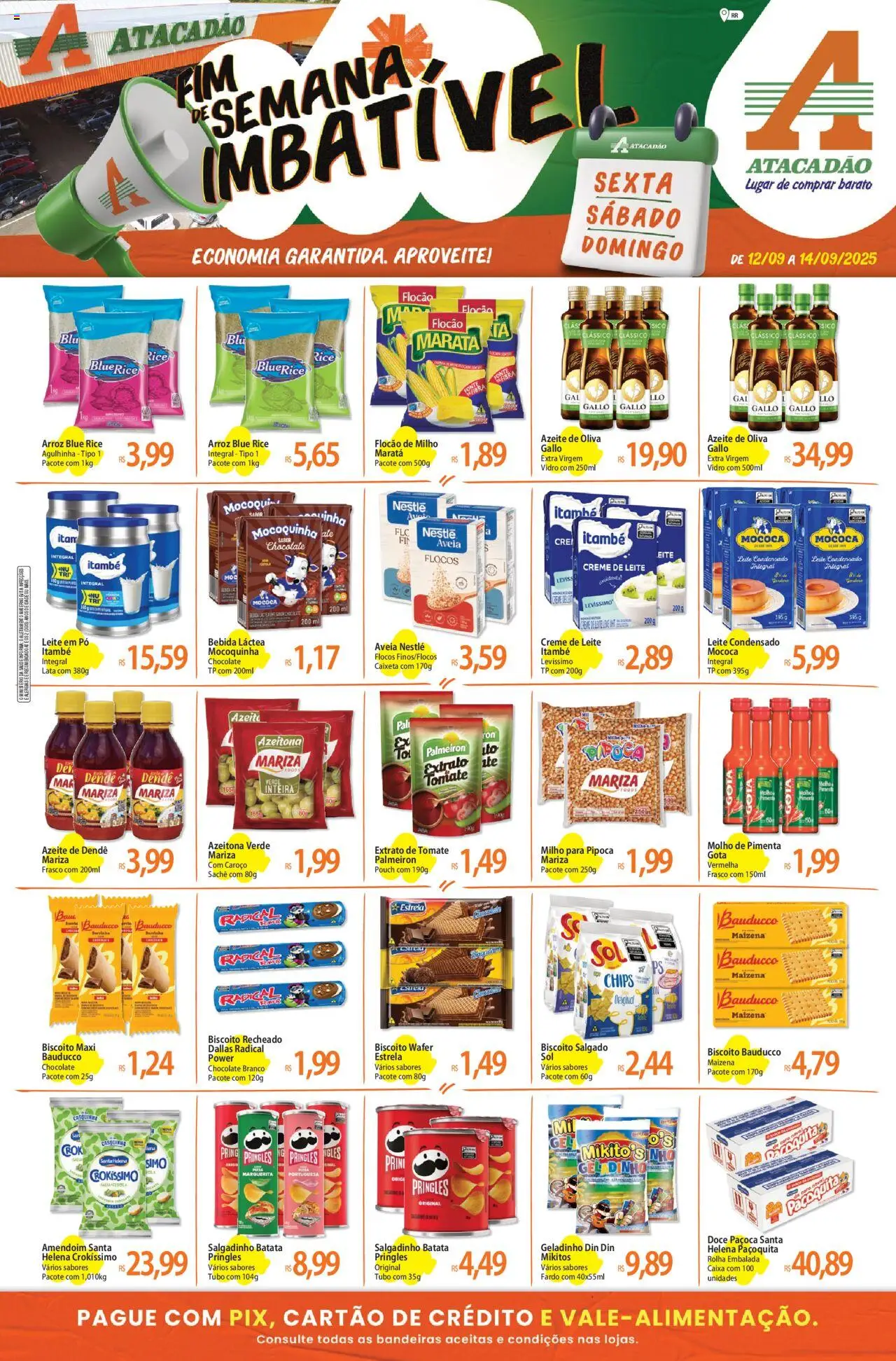 Atacadão folheto "Ofertas - RR" válido a partir de 12/09/2025 - número de página 1 - Amendoim, Bebida, Pipoca, Batata, Creme de leite, Milho, Azeite de oliva, Flocos