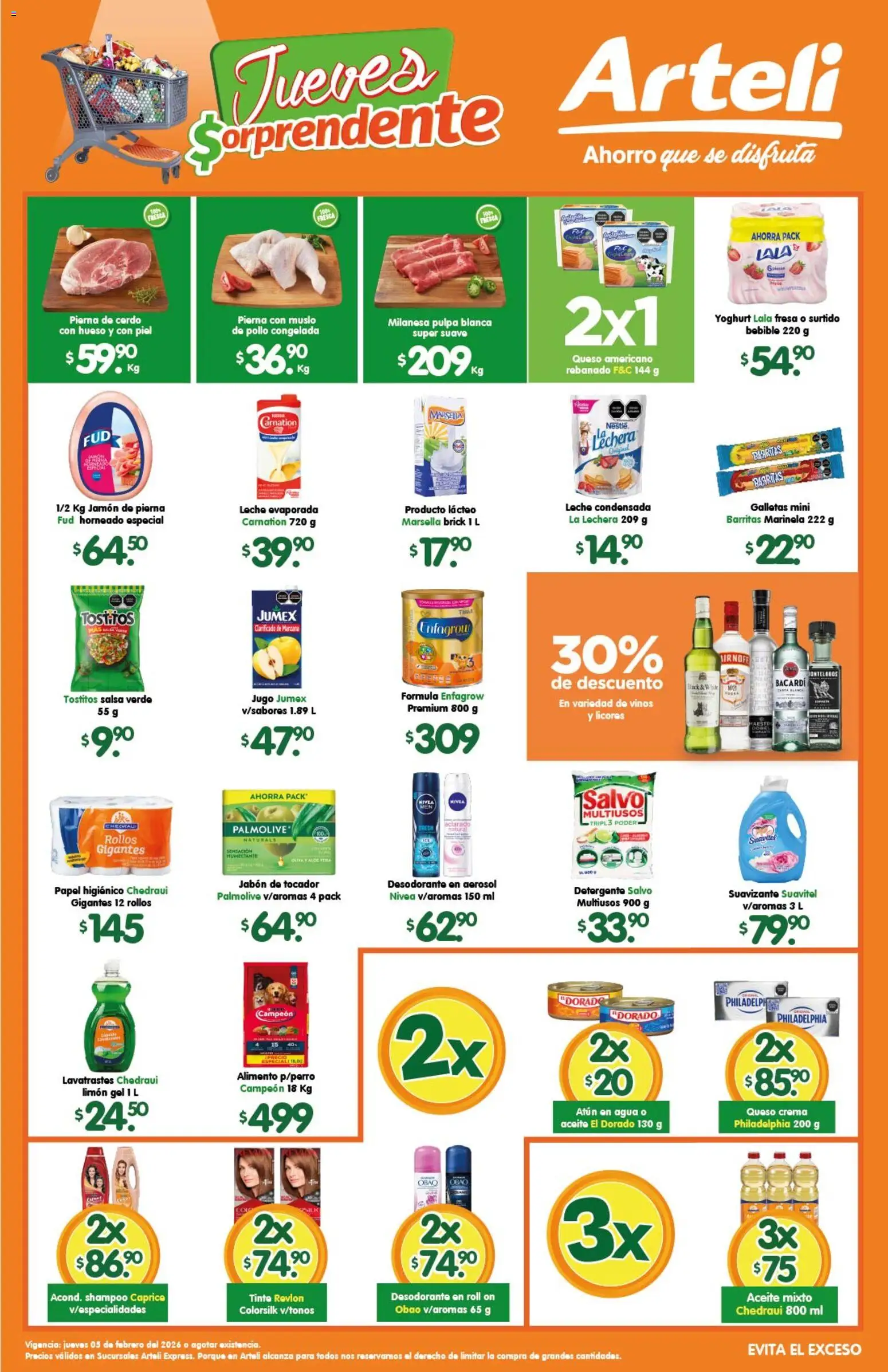 Vista previa las ofertas de la tienda Arteli - Folleto Express desde el 05/02/2026 - Agua, Galletas, Queso, Desodorante, Queso crema, Crema, Atún, Cerdo