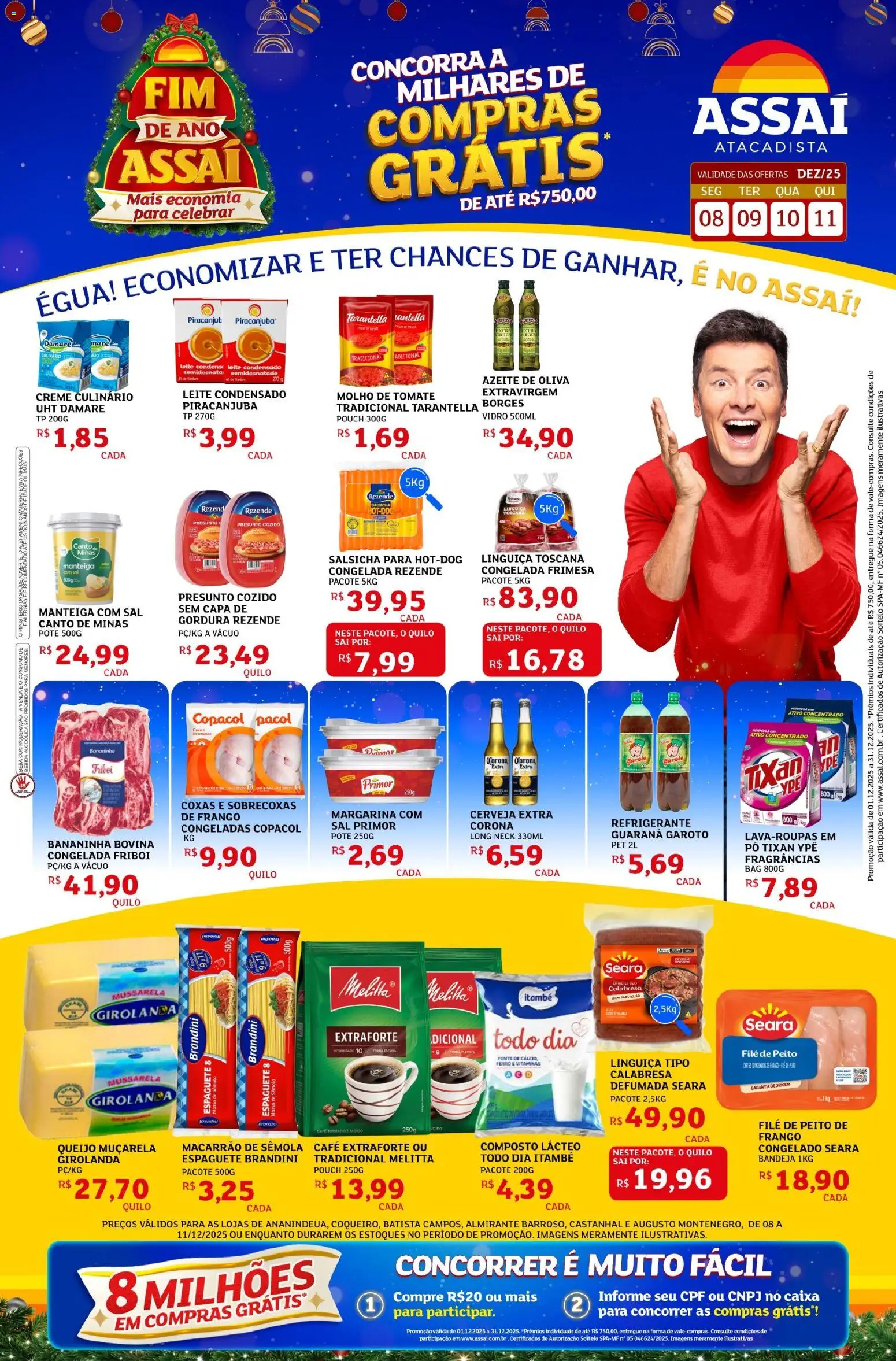 Pré-Visualização do folheto "Encarte - PA" da loja Assaí Atacadista válido a partir de 08/12/2025 - Salsicha, Mussarela, Linguiça, Bandeja, Margarina, Espaguete, Muçarela, Macarrão de sêmola