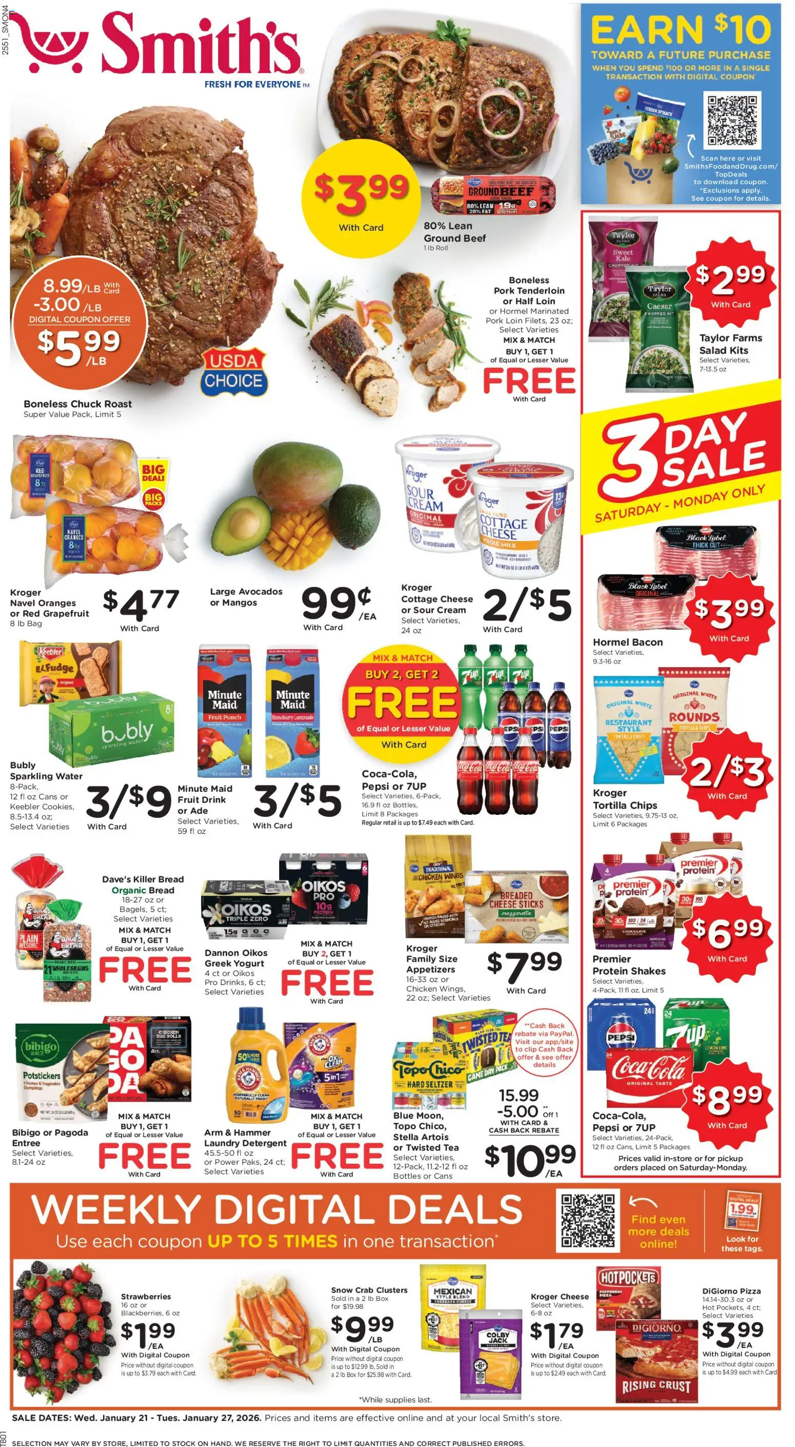 Ad Preview of Smith's Weekly Ad from 01/21/2026 - Fruit, Cheese, Protein, Kale, Pork, Laundry detergent, Clip, Tortilla chips