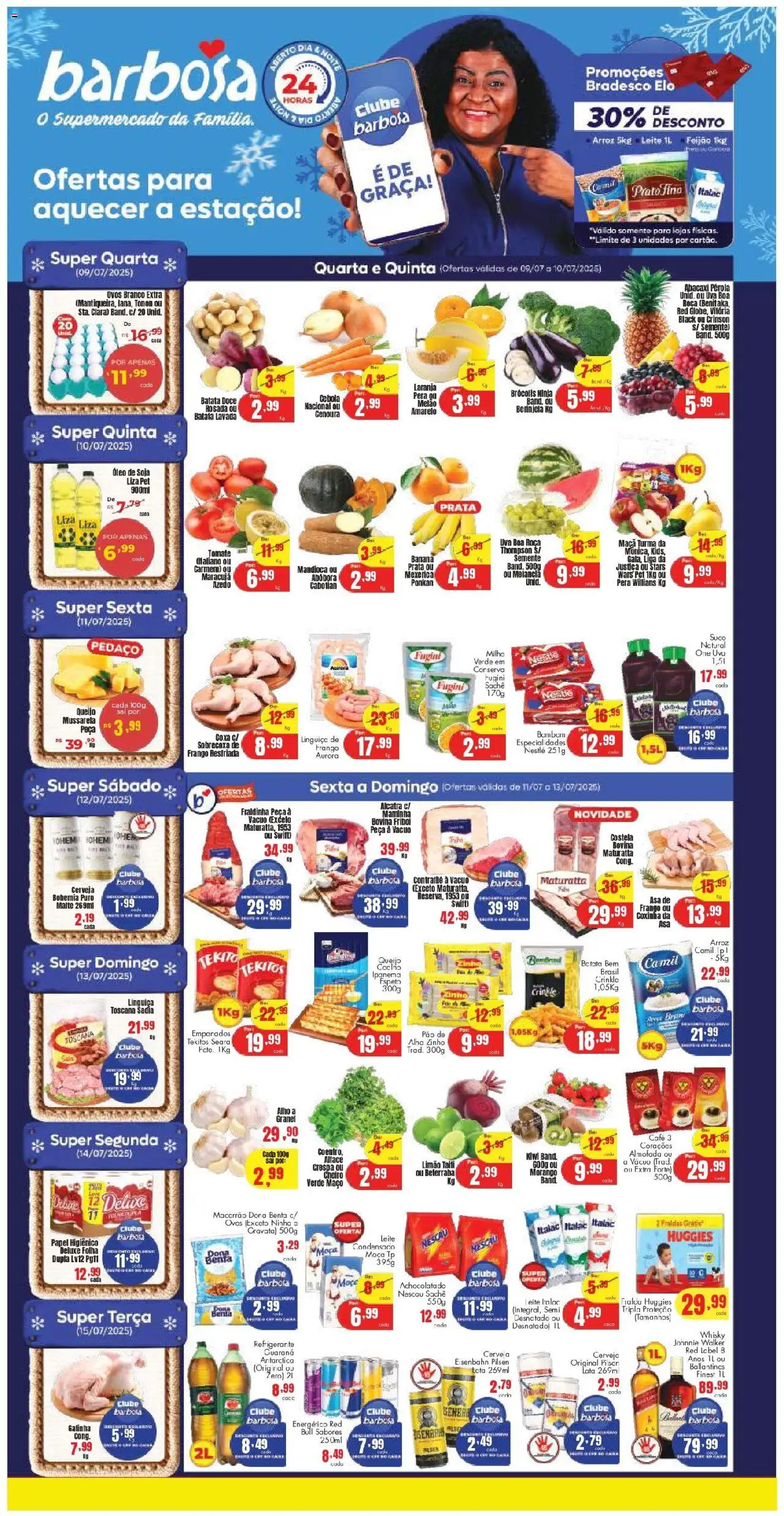 Barbosa Supermercados folheto "Ofertas Lojas P" válido a partir de 09/07/2025 - número de página 1 - Cebola, Whisky, Milho verde, Eisenbahn, Café, Cenoura, Frango, Papel higiênico