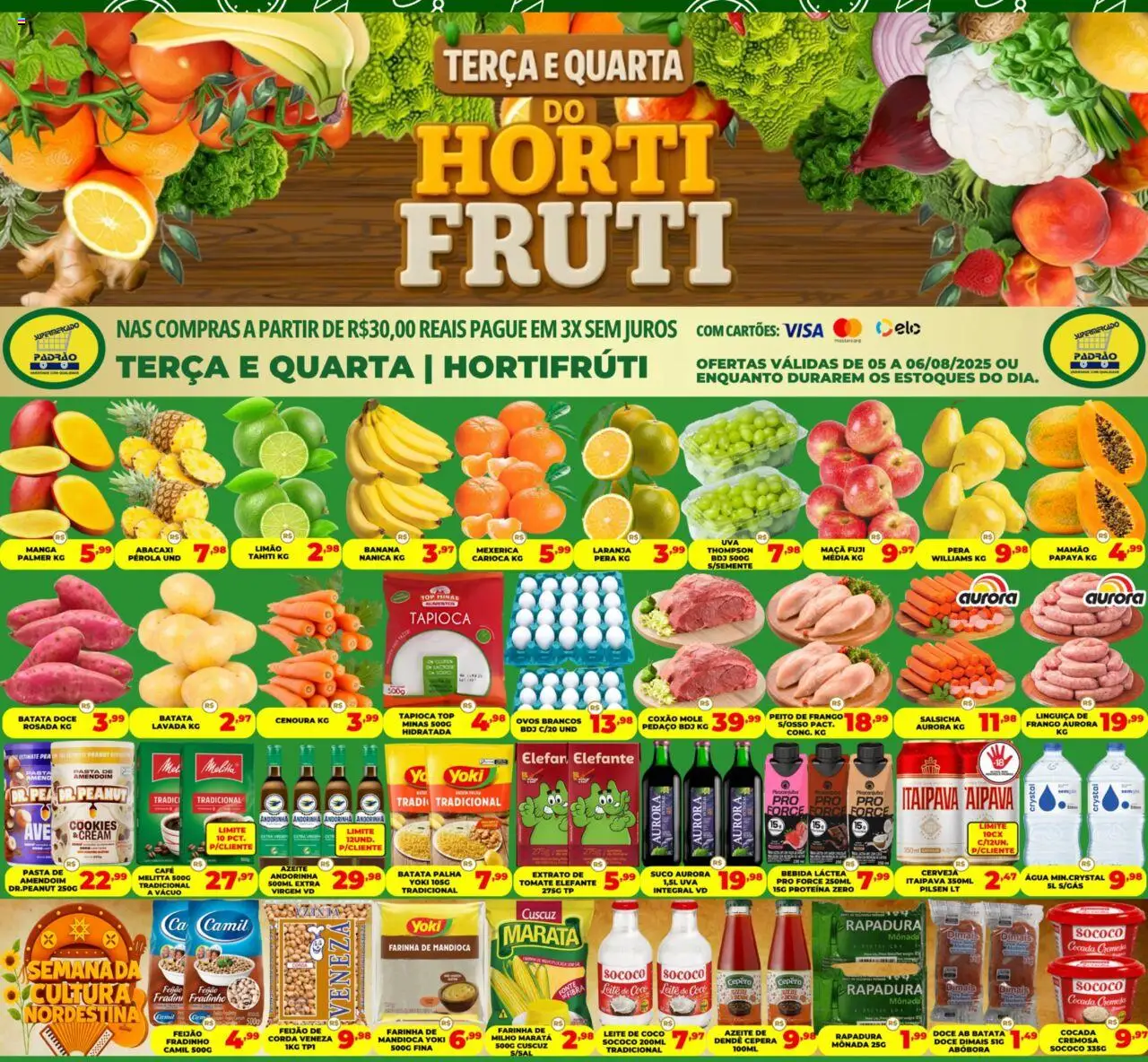 Supermercado Padrão folheto "Ofertas do Hortifruti" válido a partir de 05/08/2025 - número de página 1 - Cookies, Salsicha, Batata, Tomate, Linguiça, Batata palha, Leite de coco, Farinha de mandioca