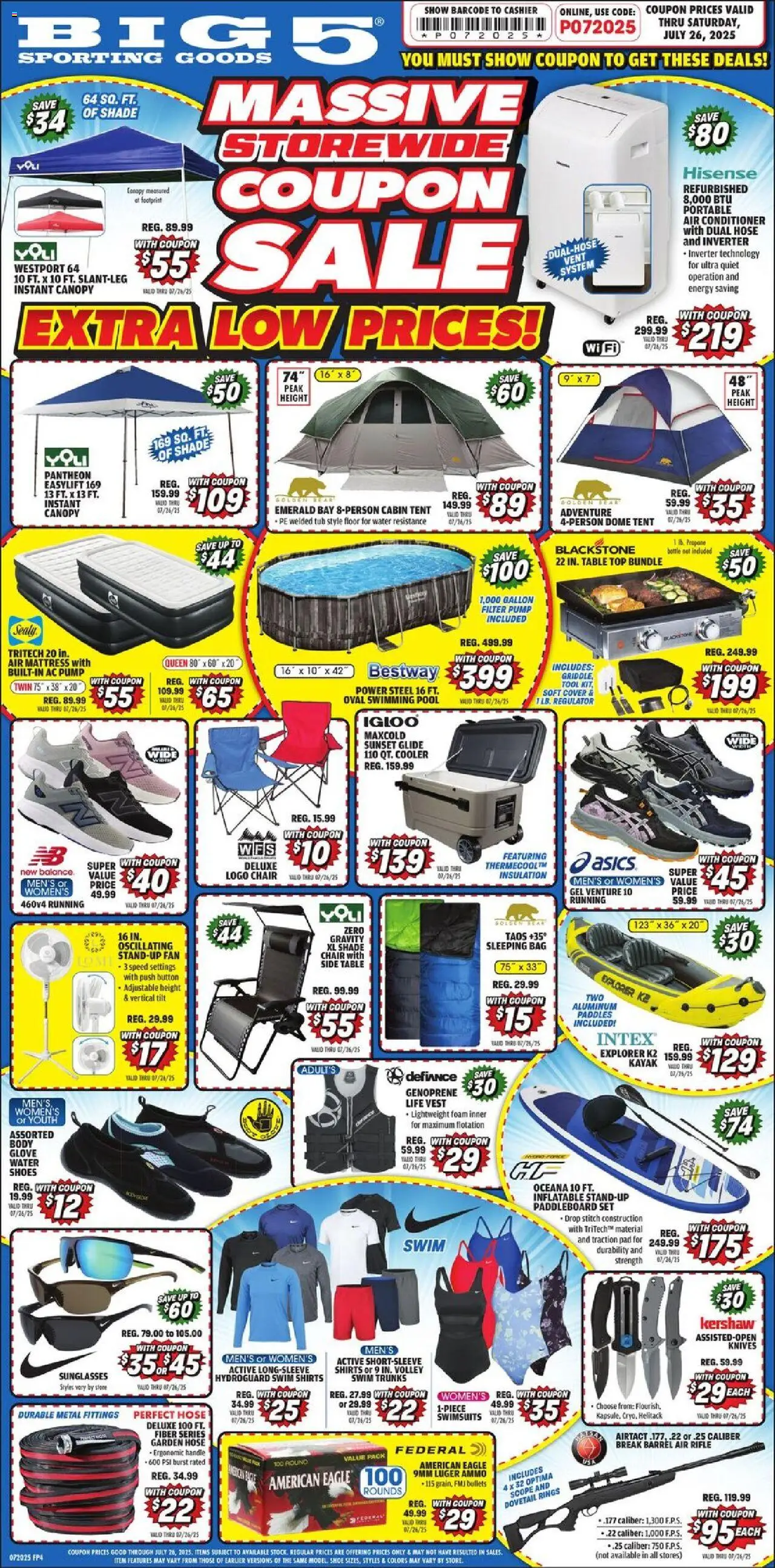 Big 5 Sporting Goods Weekly Ad from 07/18/2025 - Flyer - Page number 1 - Mattress, Table, Chair, Water, Air conditioner, Bag, Knives, Rifle