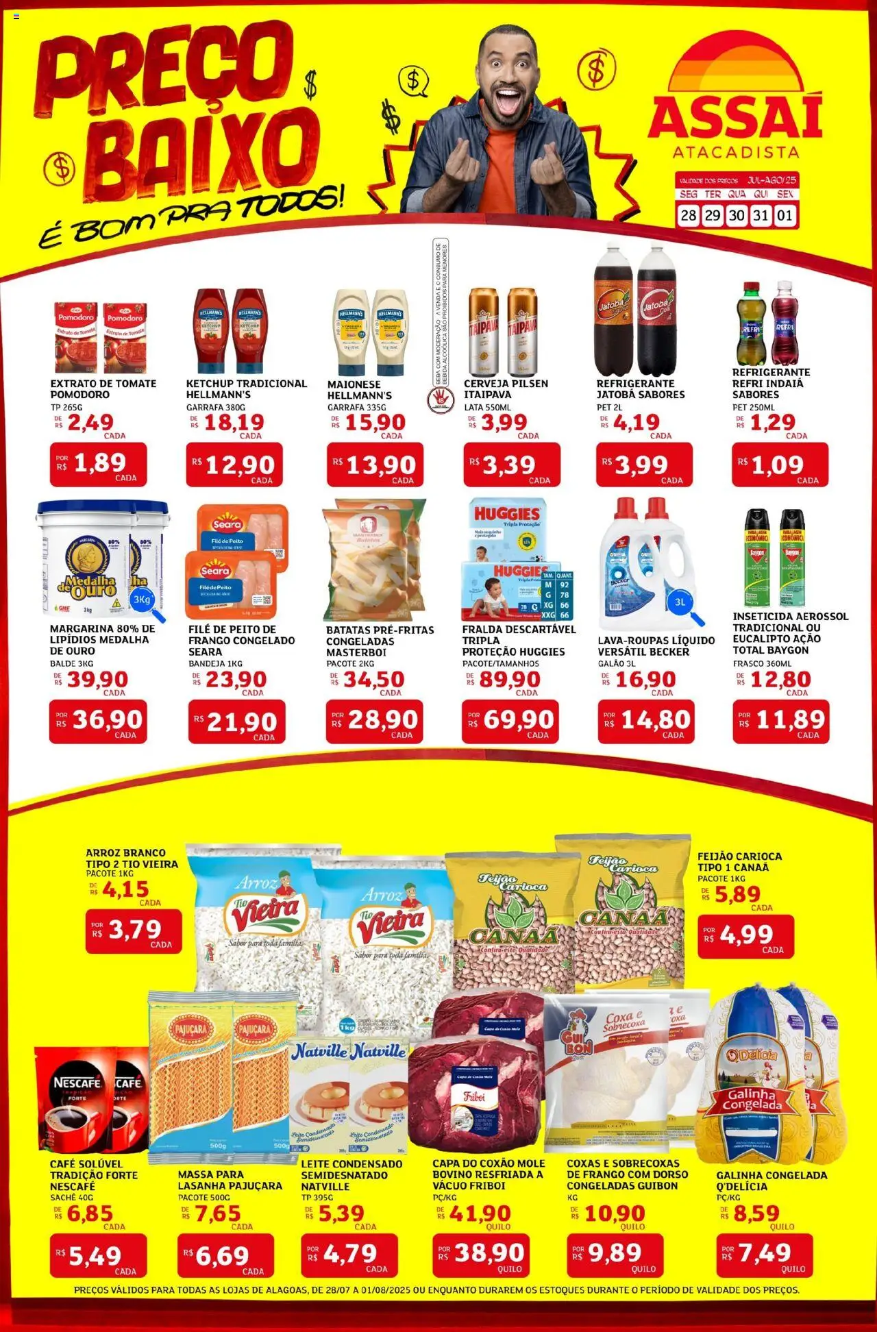 Assaí Atacadista folheto "Encarte - AL" válido a partir de 28/07/2025 - número de página 1 - Batatas, Coxão mole, Arroz, Massa, Bebida, Refrigerante, Frango, Maionese
