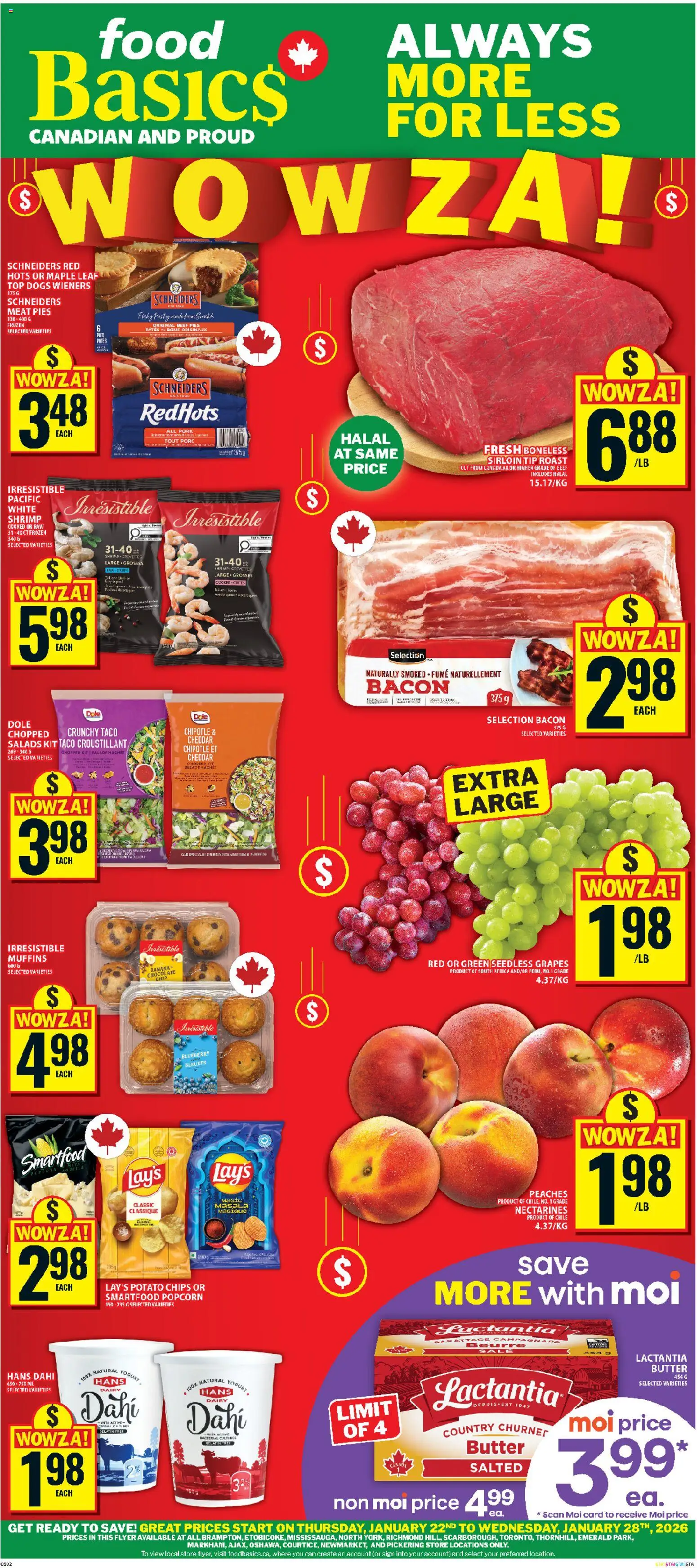 Preview of leaflet Ajax from shop Food Basics is valid from Jan 22, 2026 - Food, Meat, Yogurt, Muffins, Beef, Bacon, Roast, Nectarines