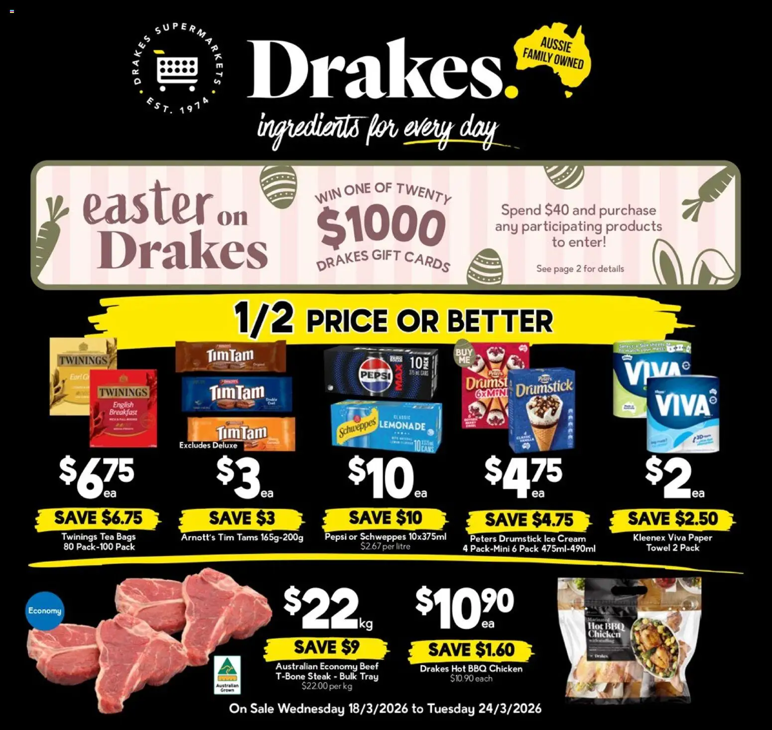 Preview of catalogue Drakes catalogue QLD from shop Drakes valid 18/03/2026 - Ingredients, Chicken, Beef, Cream, Ice cream, Steak, Ice, Lemonade