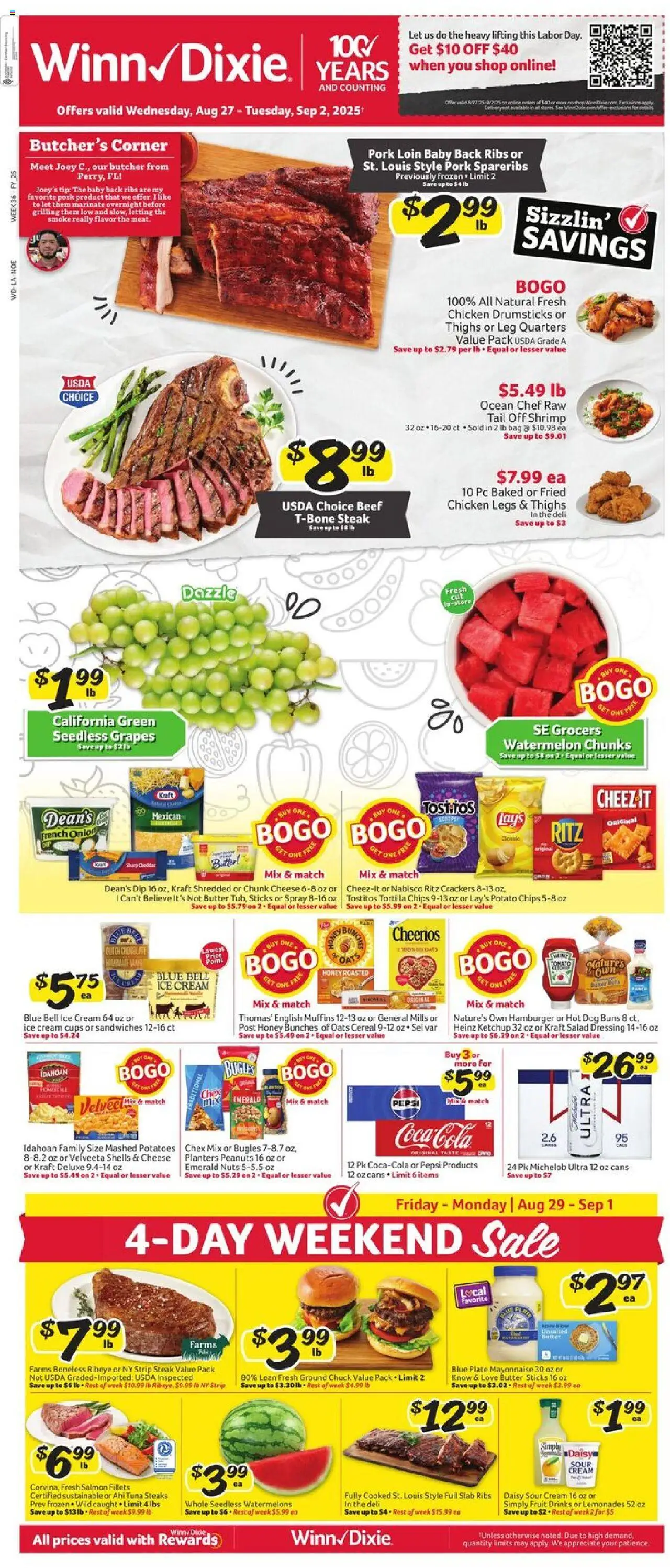 Winn Dixie Weekly Ad from 08/27/2025 - Flyer - Page number 1 - Salad, Honey, Cheese, Shrimp, Crackers, Pork, Drumsticks, Chicken