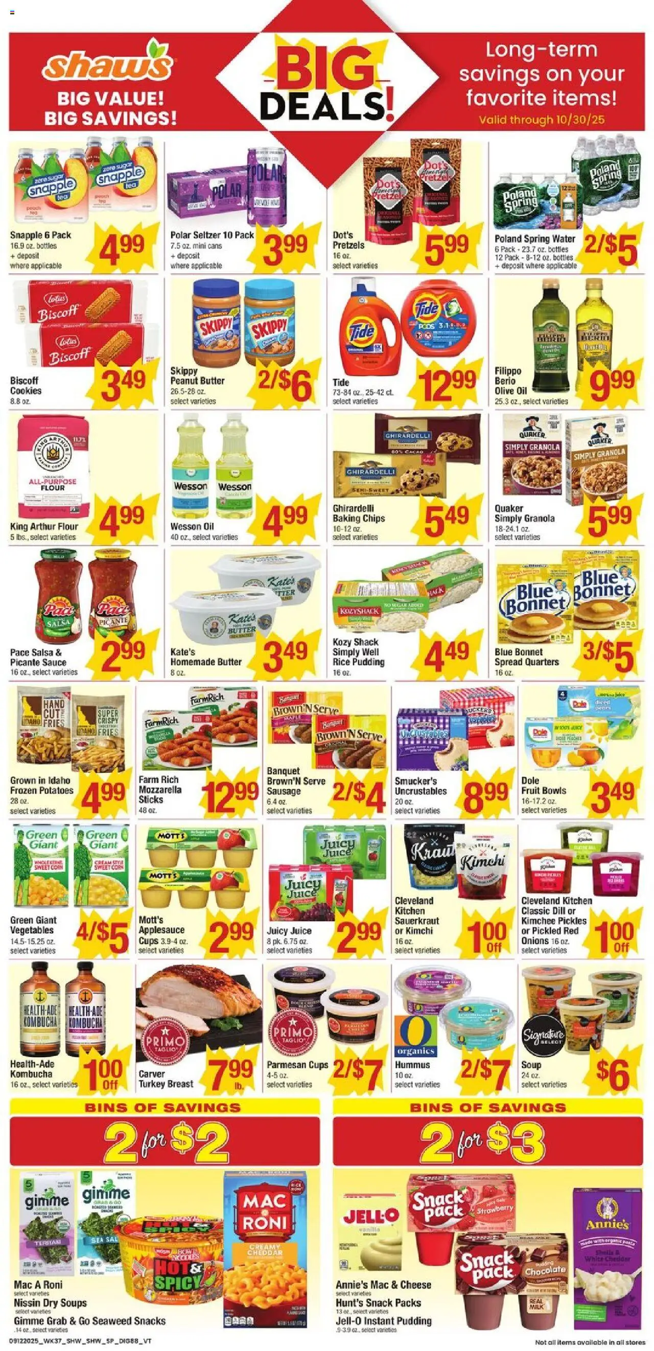 Shaw's Additional Savings from 09/12/2025 - Flyer - Page number 1 - Turkey, Chips, Cheese, Potatoes, Butter, Rice, Sauerkraut, Vanilla