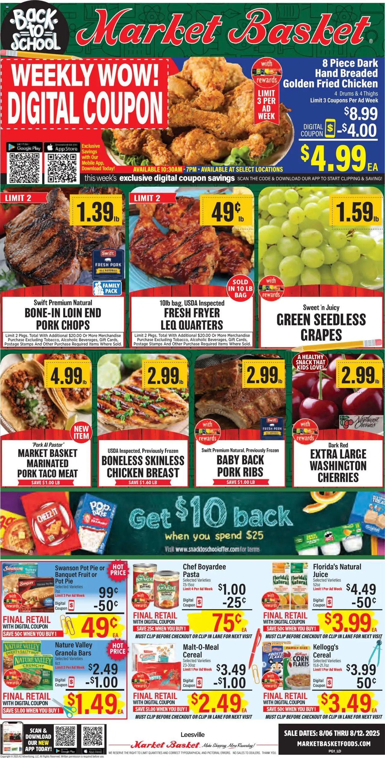 Market Basket Leesville, Many from 08/06/2025 - Flyer - Page number 1 - Fruit, Juice, Corn, Basket, Pork ribs, Fryer, Flakes, Seedless grapes