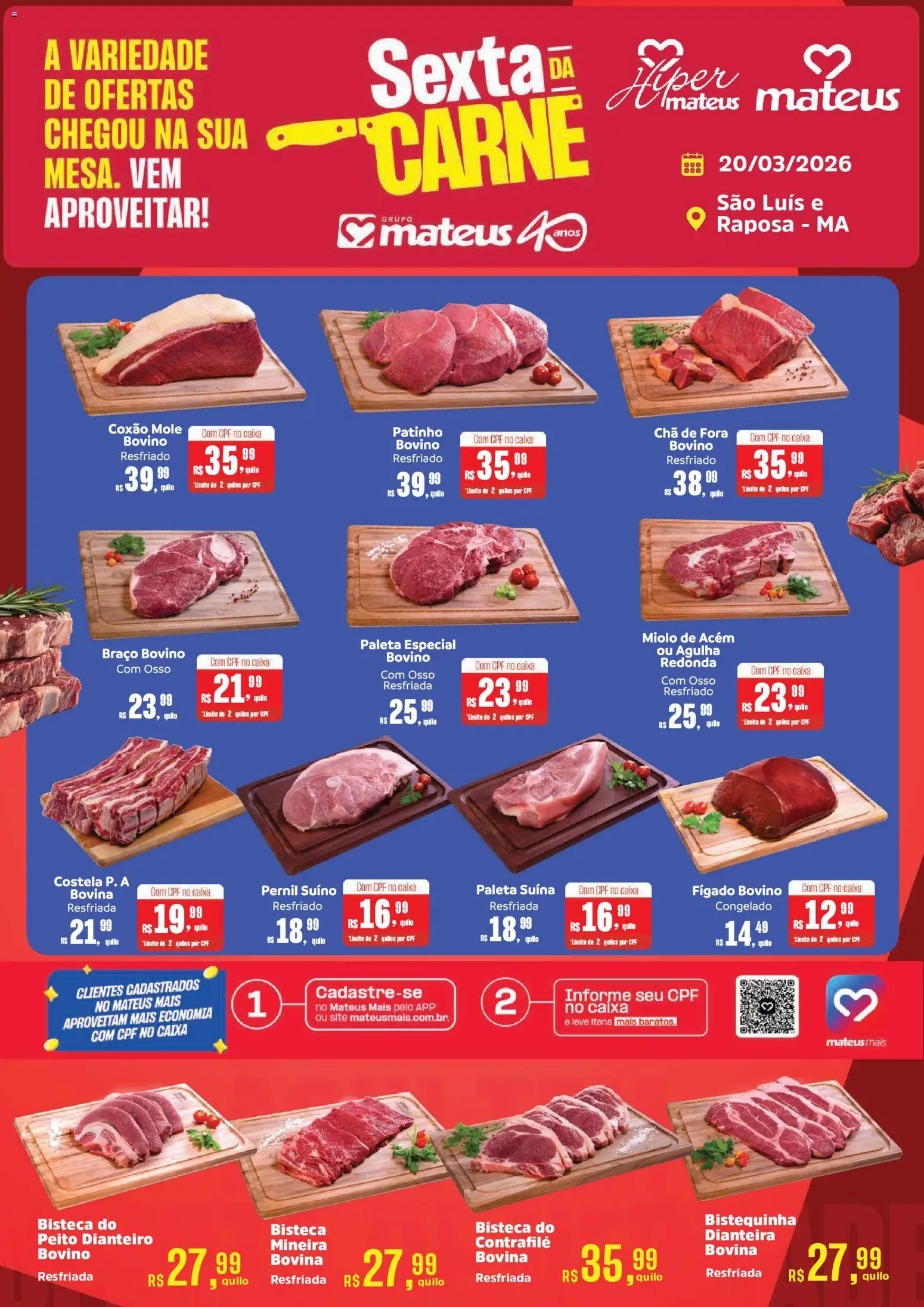 Pré-Visualização do folheto "Mateus ofertas Sexta da Carne" da loja Mateus válido a partir de 20/03/2026 - Caixa, Carne, Chá, Fígado, Pernil, Paleta suína, Pernil suíno, Coxão mole