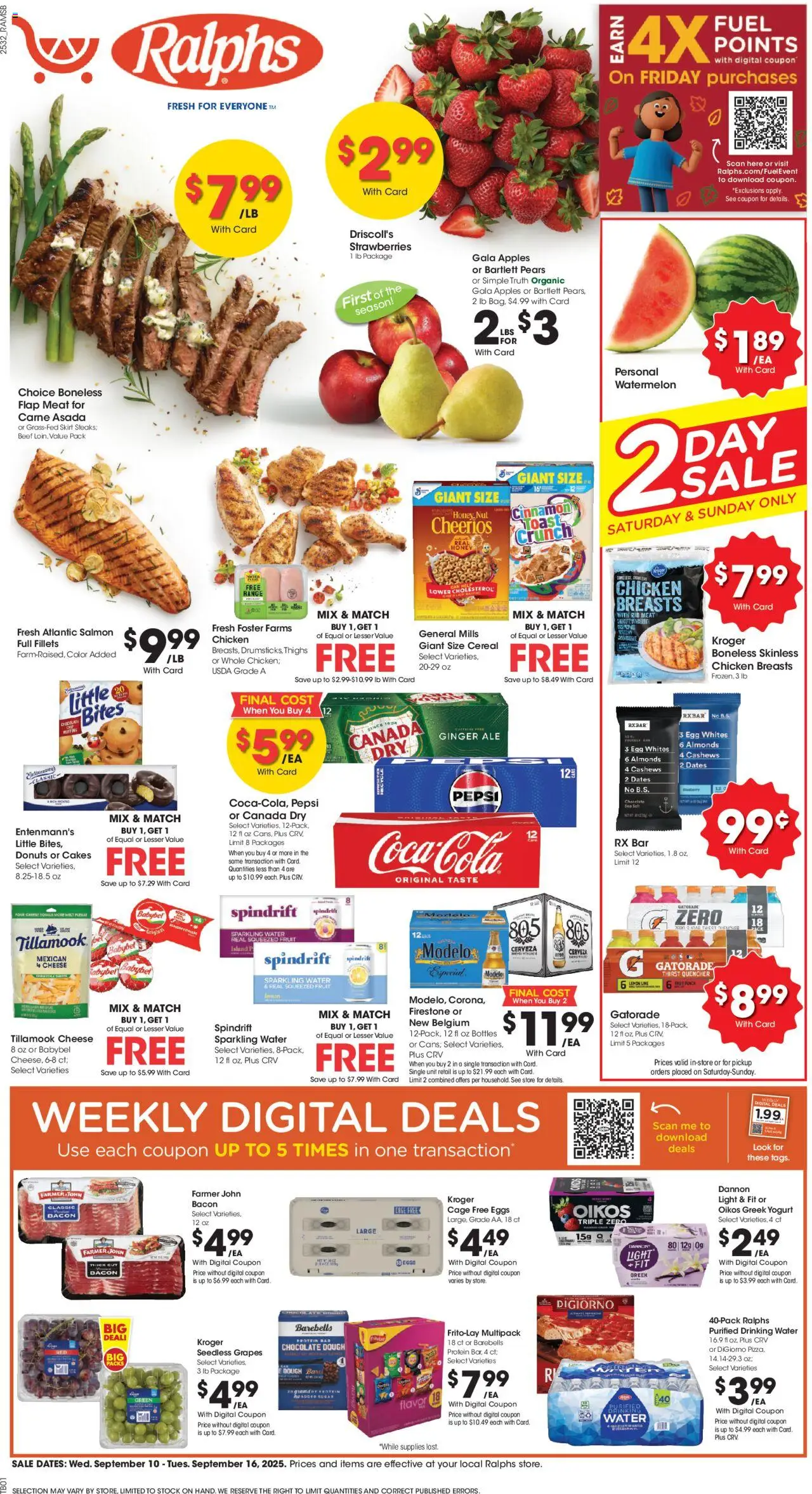 Ralphs Weekly Ad from 09/10/2025 - Flyer - Page number 1 - Water, Eggs, Strawberries, Salmon, Ginger, Pepsi, Pears, Dough