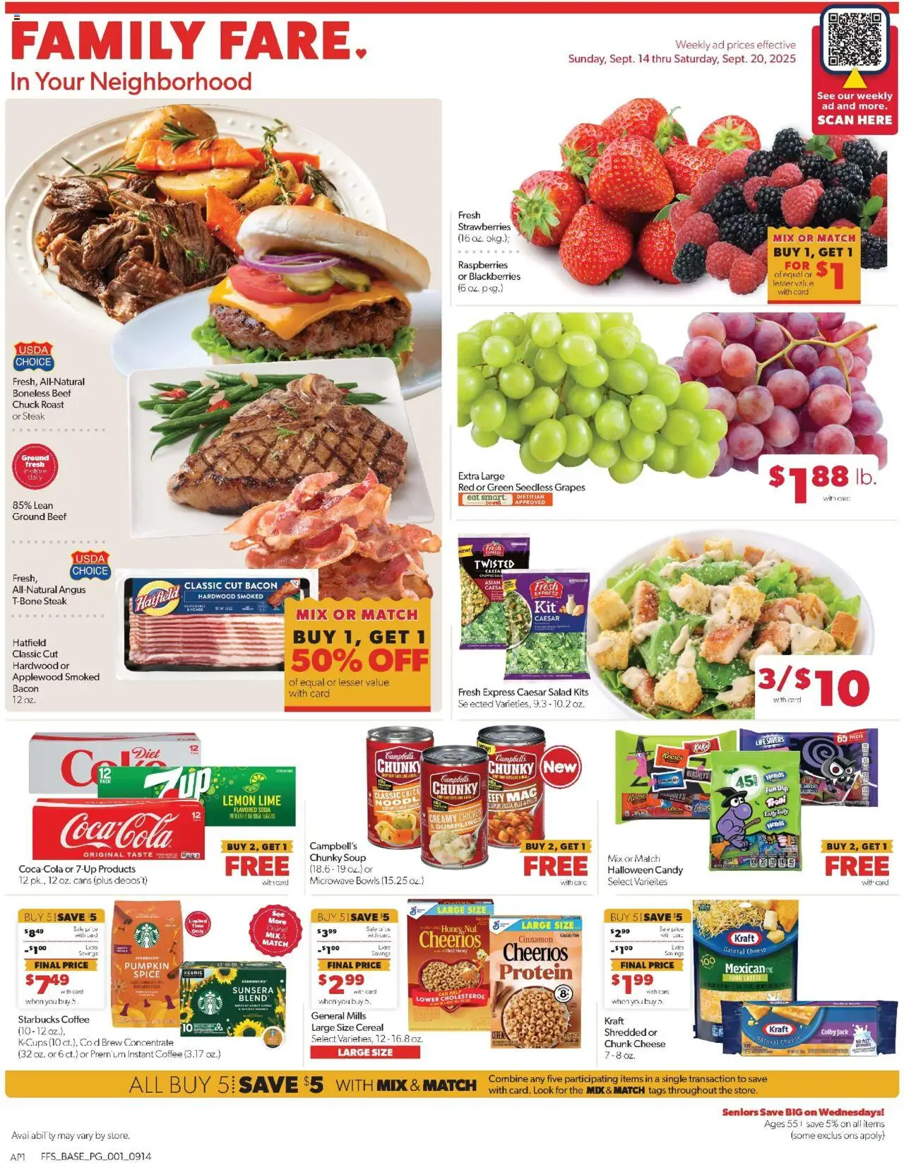 Family Fare Weekly Ad from 09/14/2025 - Flyer - Page number 1 - Coffee, Salad, Cheese, Protein, Raspberries, Ground beef, Beef chuck, Seedless grapes