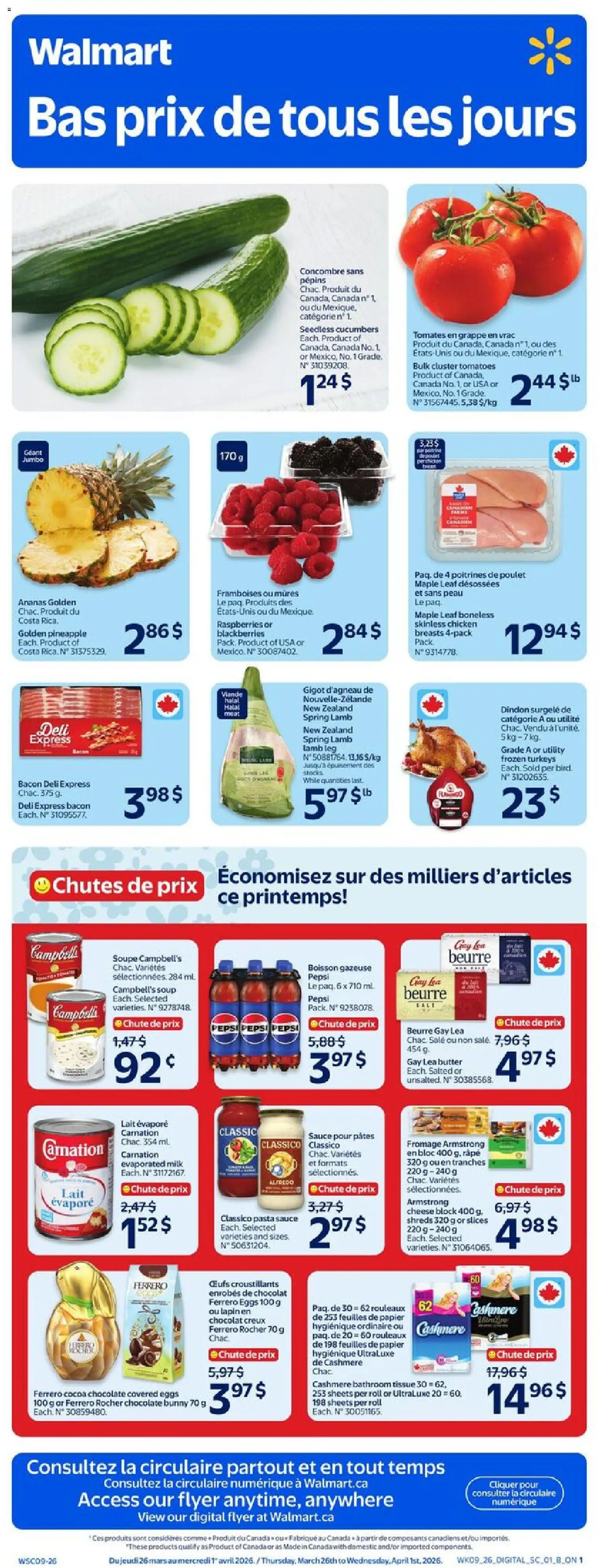 Preview of leaflet Walmart circulaire from shop Walmart is valid from Mar 26, 2026 - Pasta, Eggs, Ferrero Rocher, Lamb, Butter, Cucumbers, Bacon, Raspberries