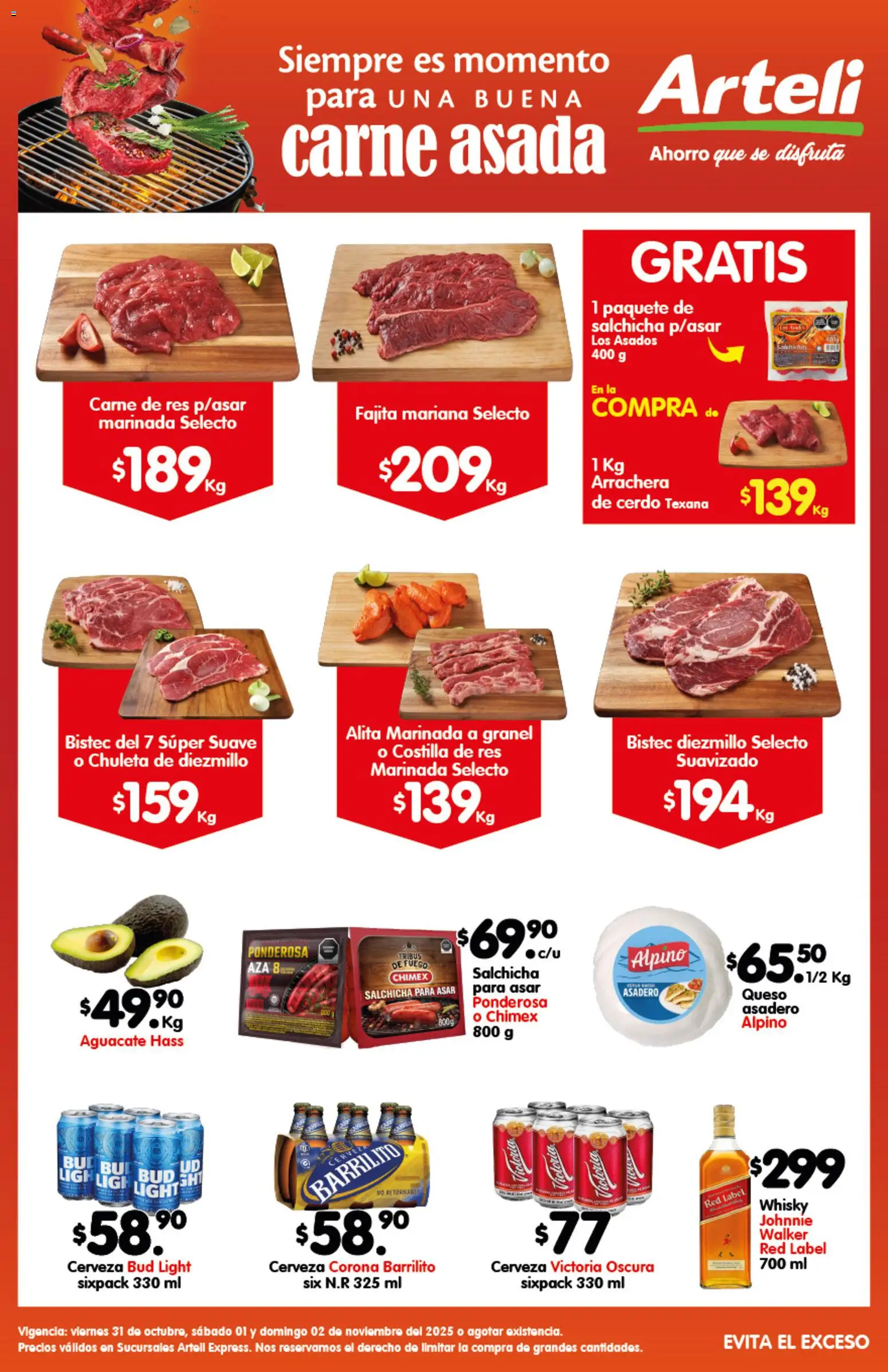 Vista previa las ofertas de la tienda Arteli - Folleto Carnes Suc. Express desde el 31/10/2025 - Whisky, Aguacate, Queso, Cerdo, Cerveza Corona, Bistec, Chuleta, Carne de res