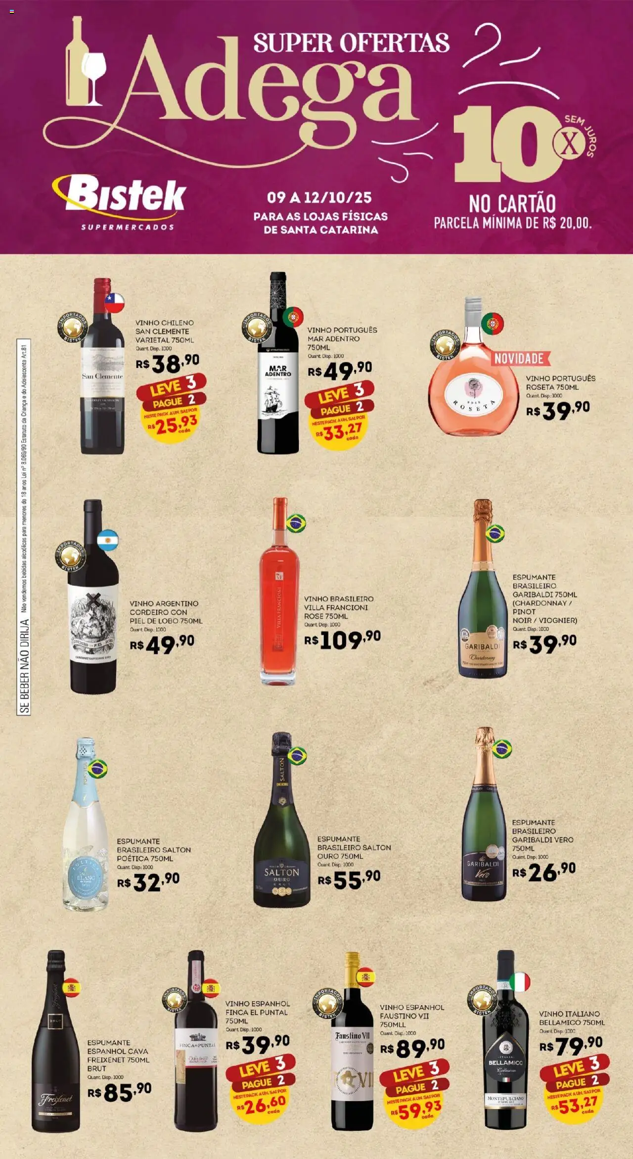 Bistek Supermercados folheto "Ofertas Adega" válido a partir de 09/10/2025 - número de página 1 - Vinho, Bebidas, Cordeiro, Espumante