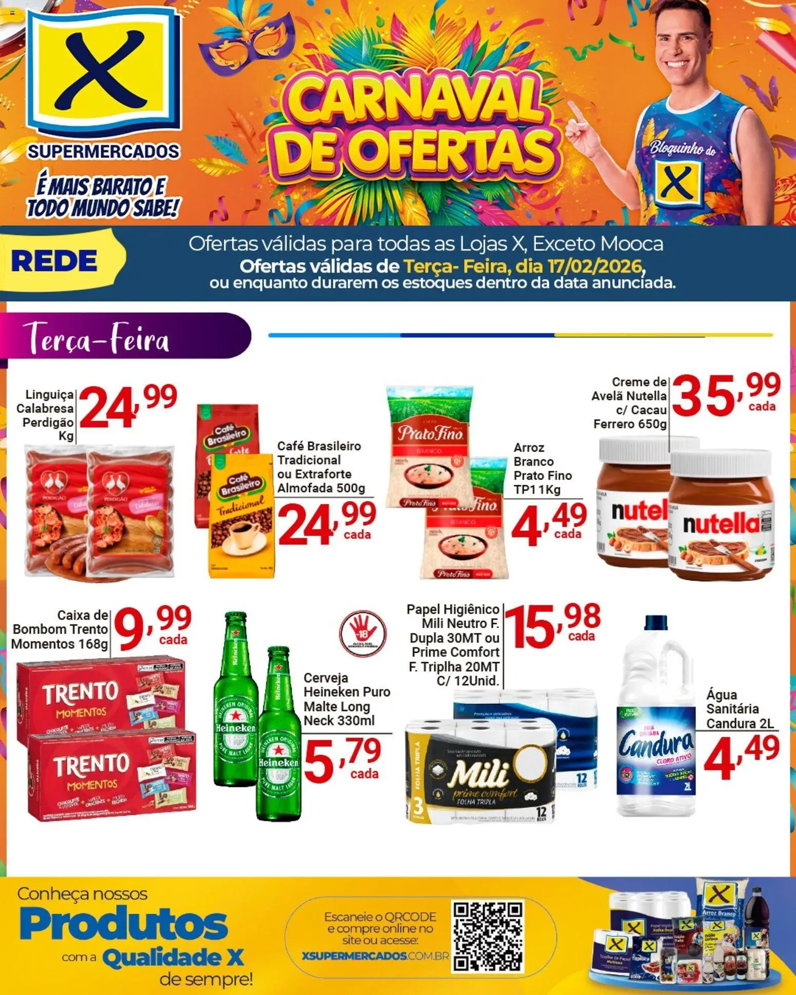 Pré-Visualização do folheto "Ofertas do Dia" da loja X Supermercados válido a partir de 17/02/2026 - Chocolate, Heineken, Nutella, Cerveja Heineken, Creme, Bombom, Cloro, Creme de avelã