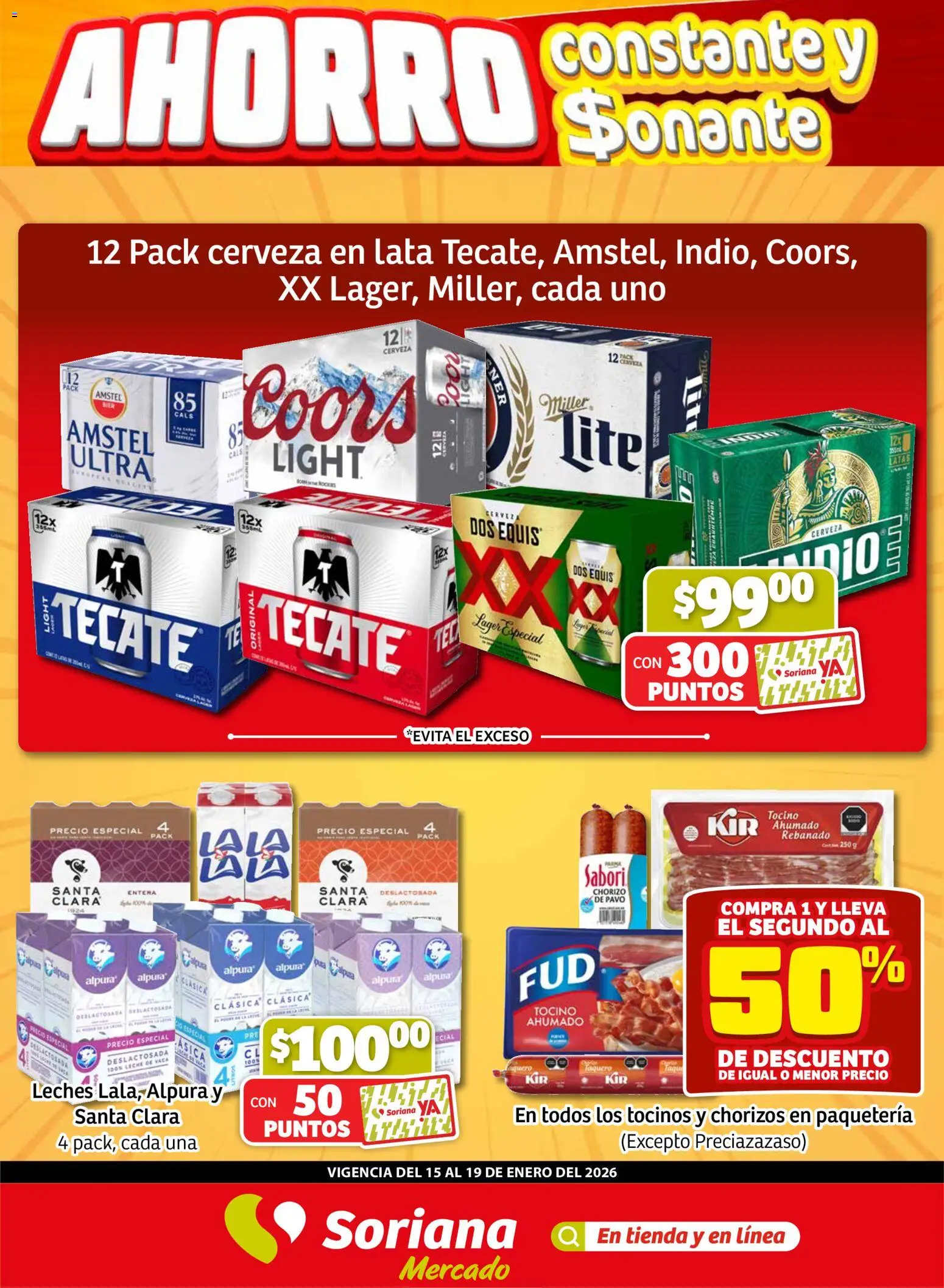 Vista previa las ofertas de la tienda Soriana - Fin de Semana Mercado: Coah, Chih y Dur desde el 15/01/2026 - Cerveza, Leche, Pavo, Chorizo, Tocino, Cerveza en lata