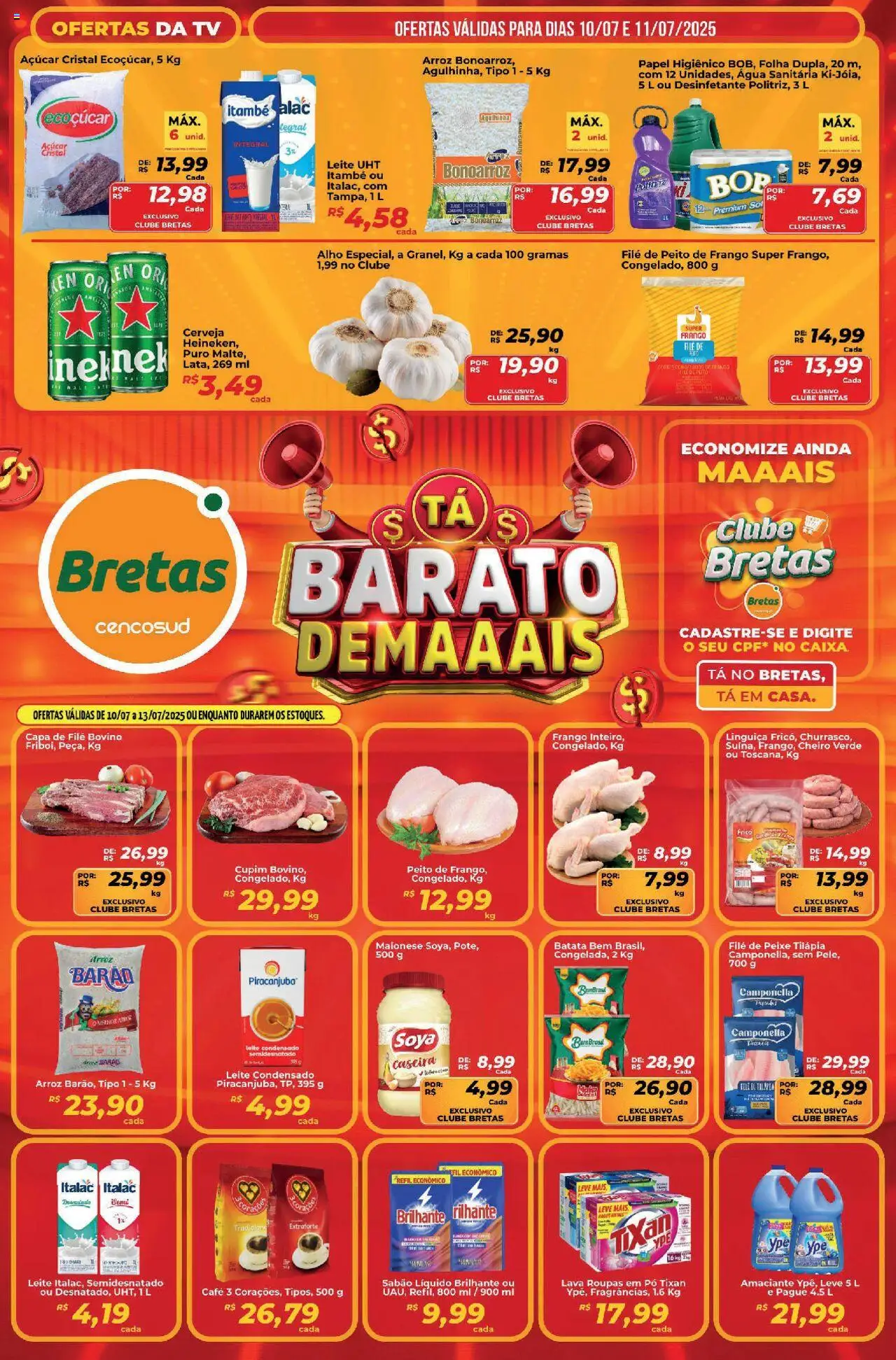 Bretas folheto "Ofertas da semana" válido a partir de 10/07/2025 - número de página 1 - Alho, Leite, Tilápia, Cerveja, Roupas, Amaciante, Desinfetante, Peito de frango