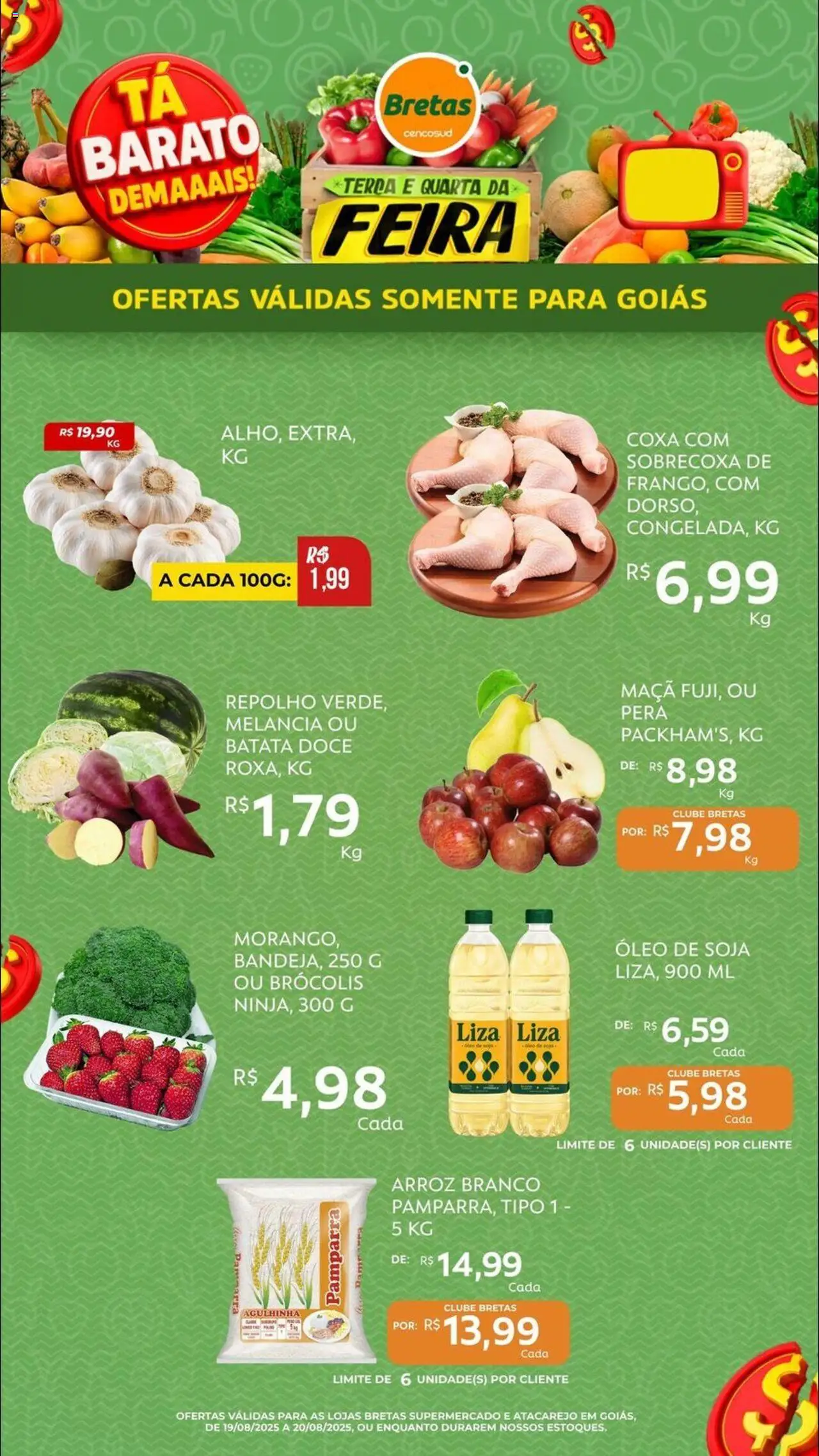 Bretas folheto "Ofertas Feira" válido a partir de 19/08/2025 - número de página 1 - Melancia, Óleo, Arroz, Doce, Batata, Soja, Pera, Repolho