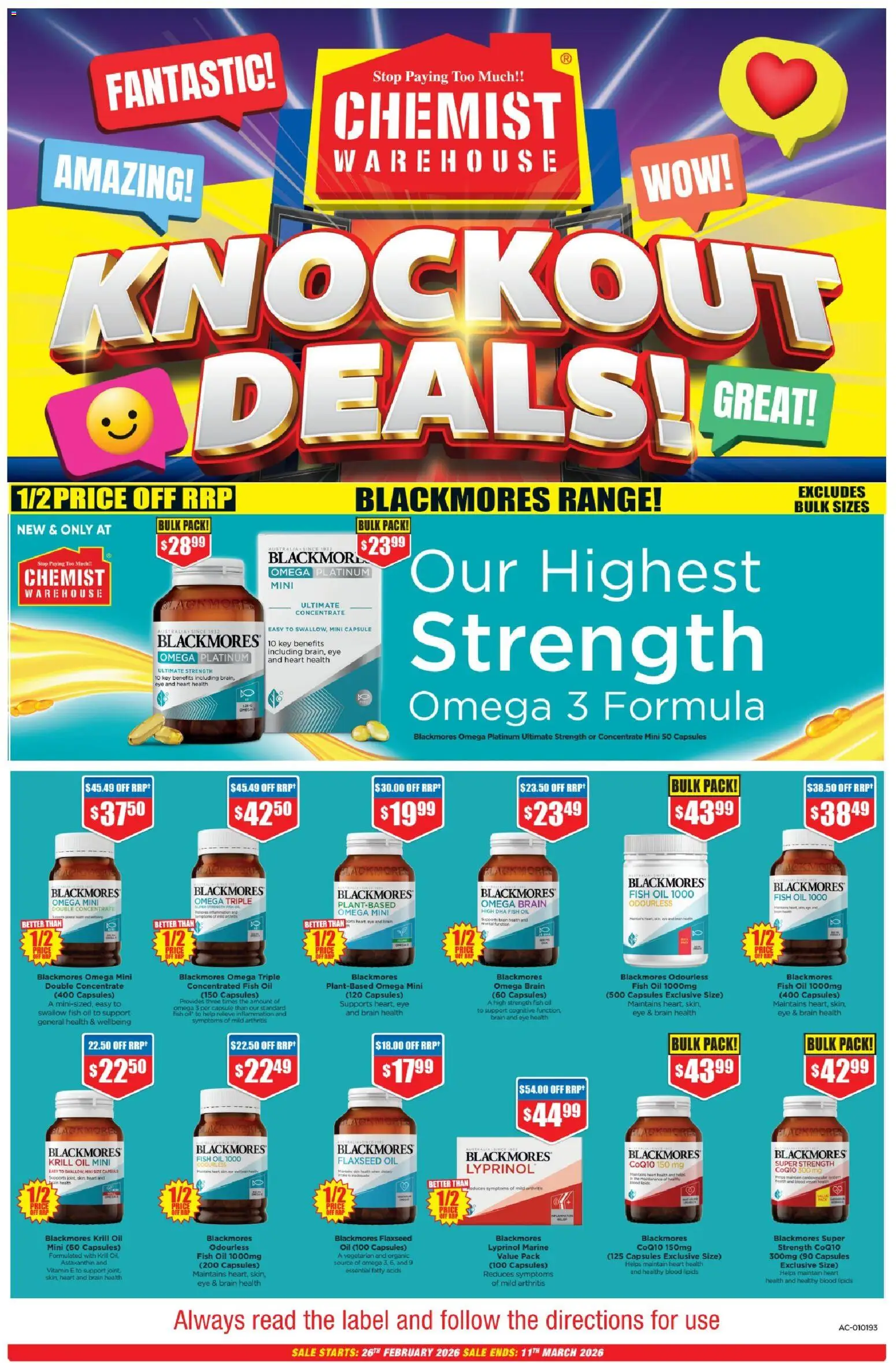 Preview of catalogue Catalogue from shop Chemist Warehouse valid 26/02/2026 - Bath, Oil, Fish, Omega 3, Capsules, Omega, Fish oil, Vitamin
