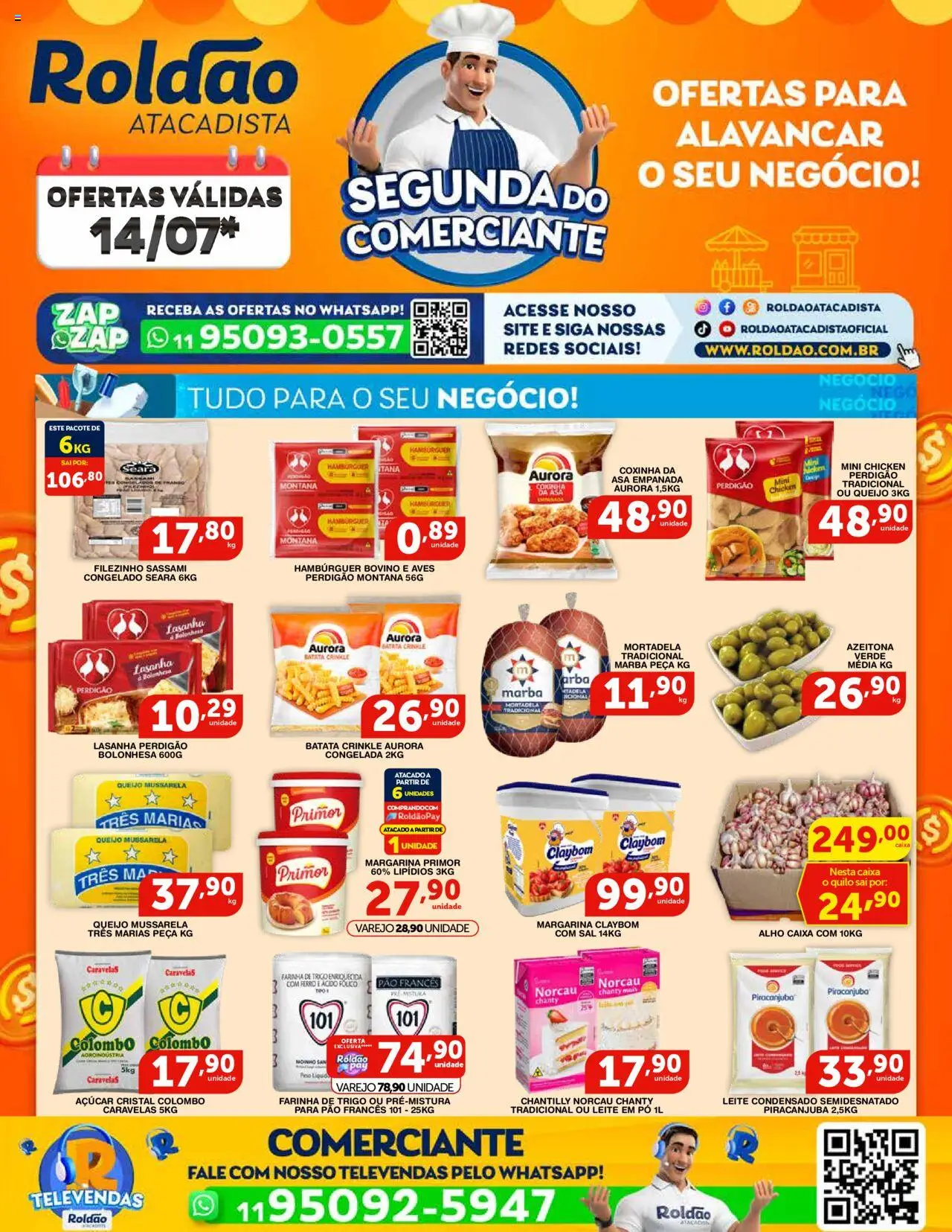 Roldão folheto "Ofertas Segunda do Comerciante" válido a partir de 14/07/2025 - número de página 1 - Alho, Farinha, Aves, Leite, Mortadela, Leite condensado, Chantilly, Margarina