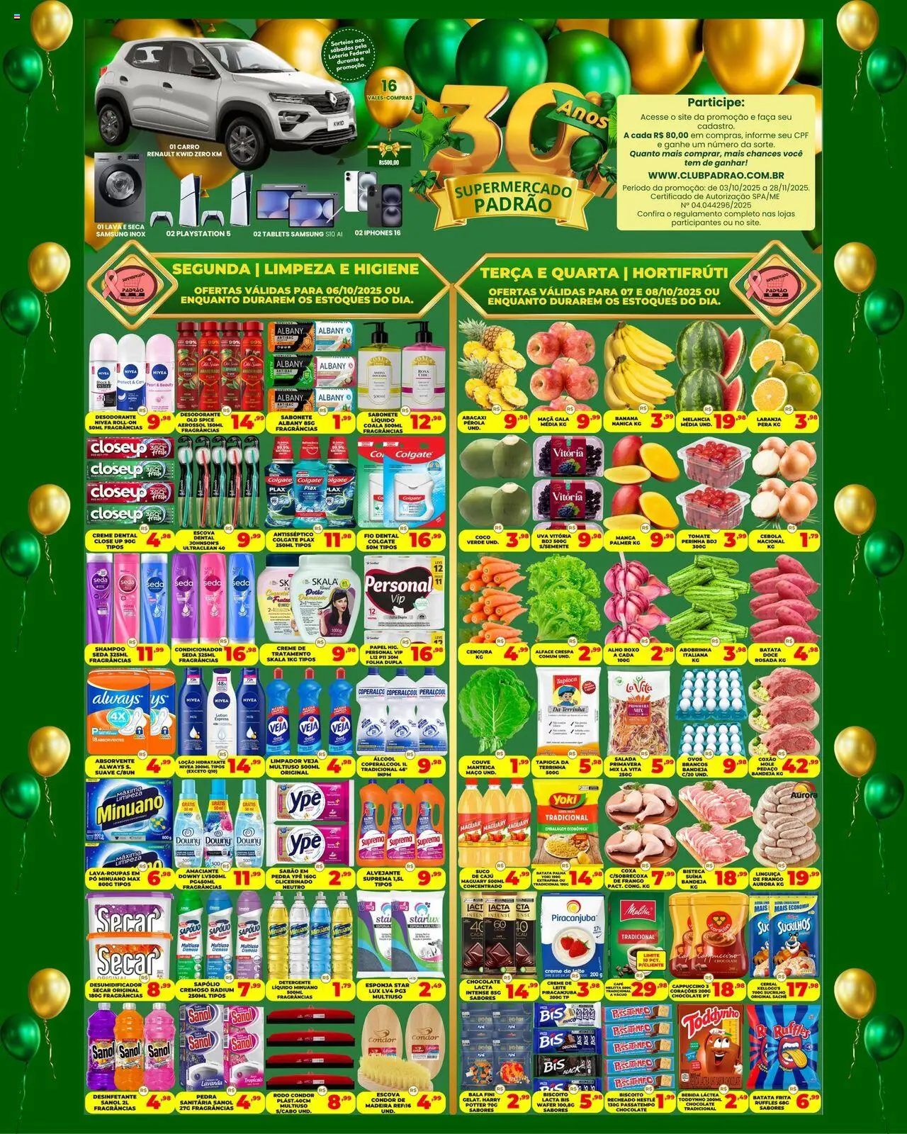 Supermercado Padrão folheto "Ofertas Higiene e Limpeza" válido a partir de 06/10/2025 - número de página 1 - Absorvente, Álcool, Leite, Pera, Alface, Escova, Condicionador, Esponja