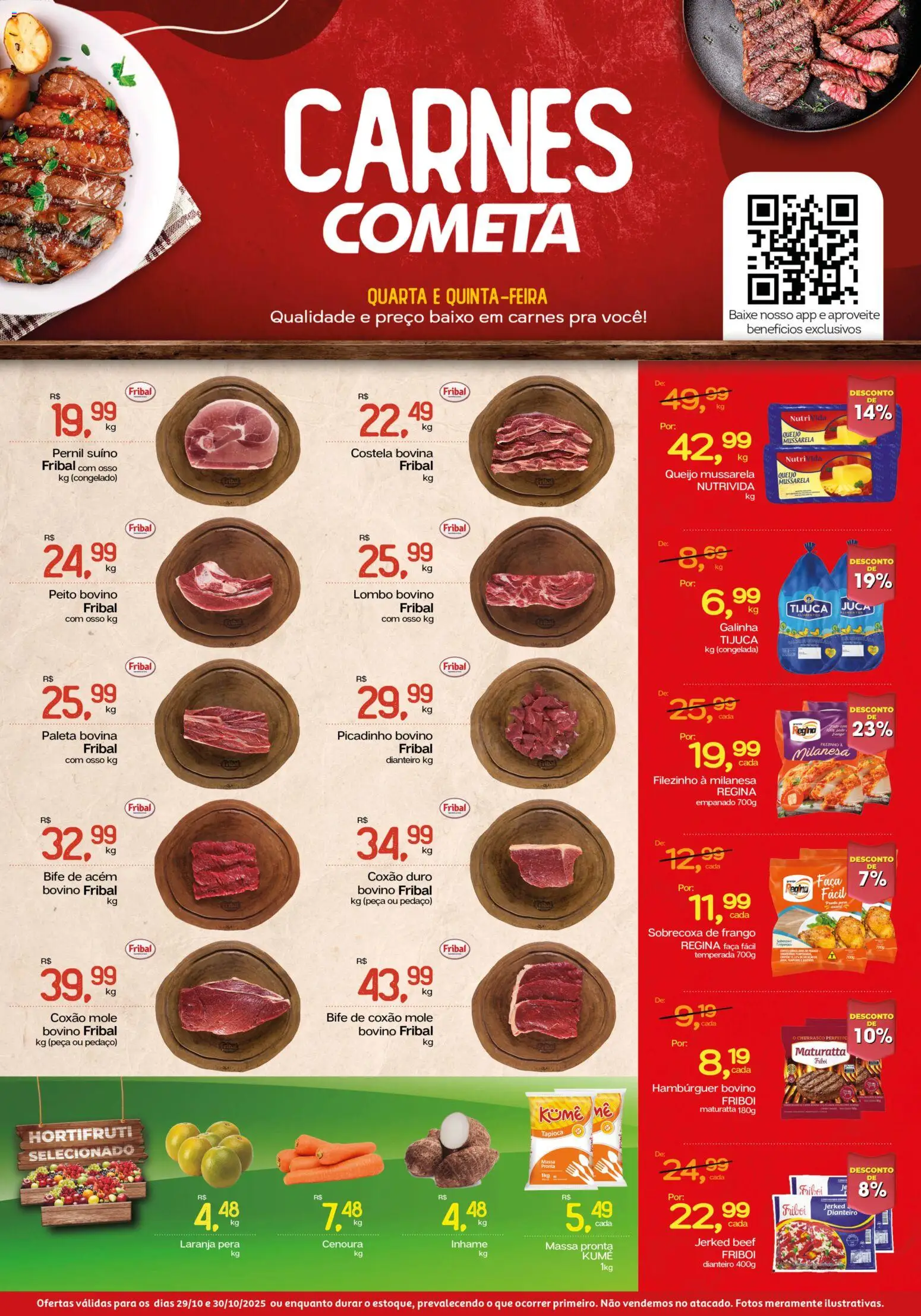 Pré-Visualização do folheto "Ofertas Carnes" da loja Cometa Supermercados válido a partir de 29/10/2025 - Hambúrguer, Inhame, Frango, Mussarela, Massa, Baixo, Costela bovina, Coxão duro