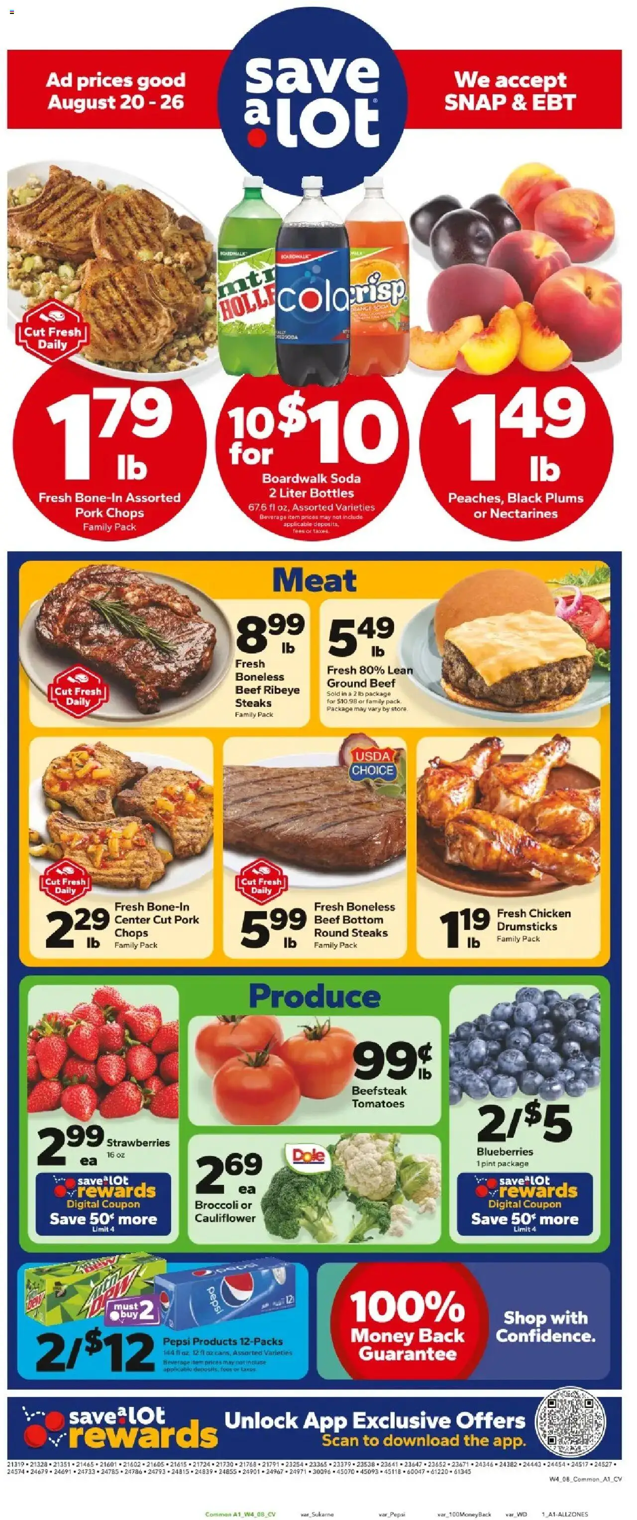 Save a Lot Weekly Ad from 08/20/2025 - Flyer - Page number 1 - Strawberries, Tomatoes, Blueberries, Plums, Beef, Pork, Cauliflower, Nectarines