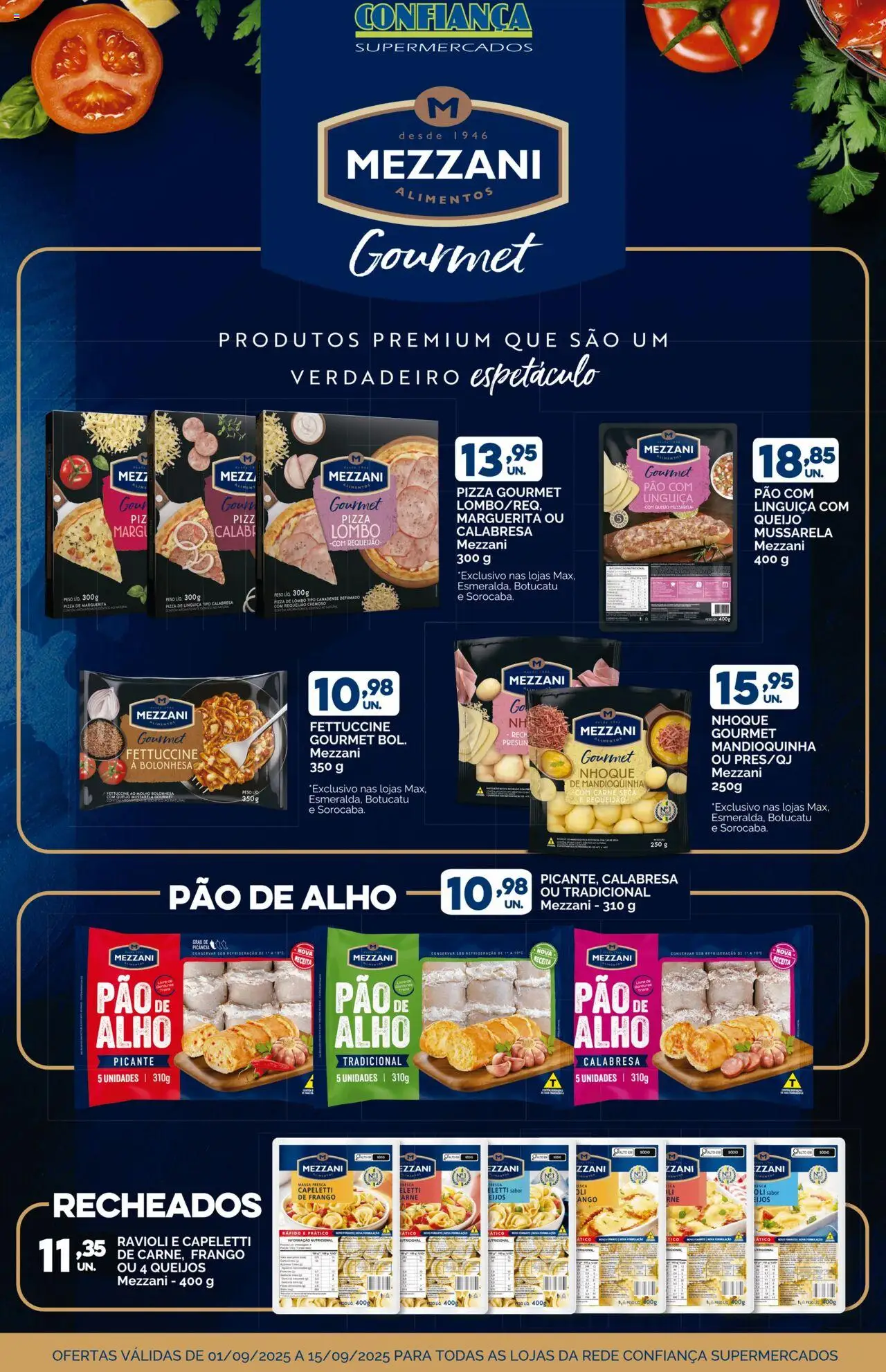 Confiança folheto "Ofertas Mezzani" válido a partir de 01/09/2025 - número de página 1 - Pão, Nhoque, Frango, Mussarela, Pao de alho, Alimentos, Linguiça, Lombo