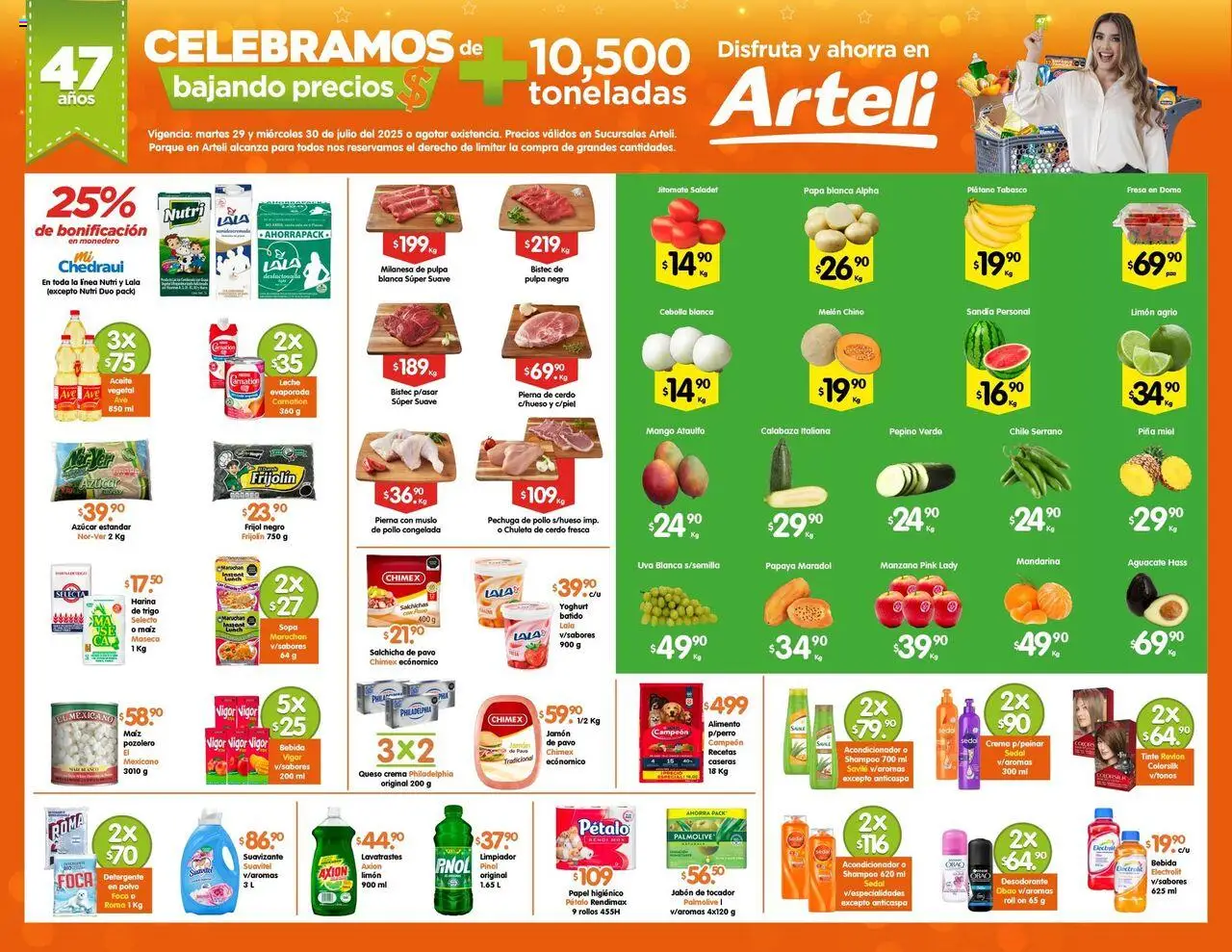 Folleto Express Arteli y sus promociones válidas desde el 29/07/2025 - Número de página 1 - Detergente, Melón, Chuleta, Aceite, Cerdo, Limpiador, Papel higiénico, Calabaza