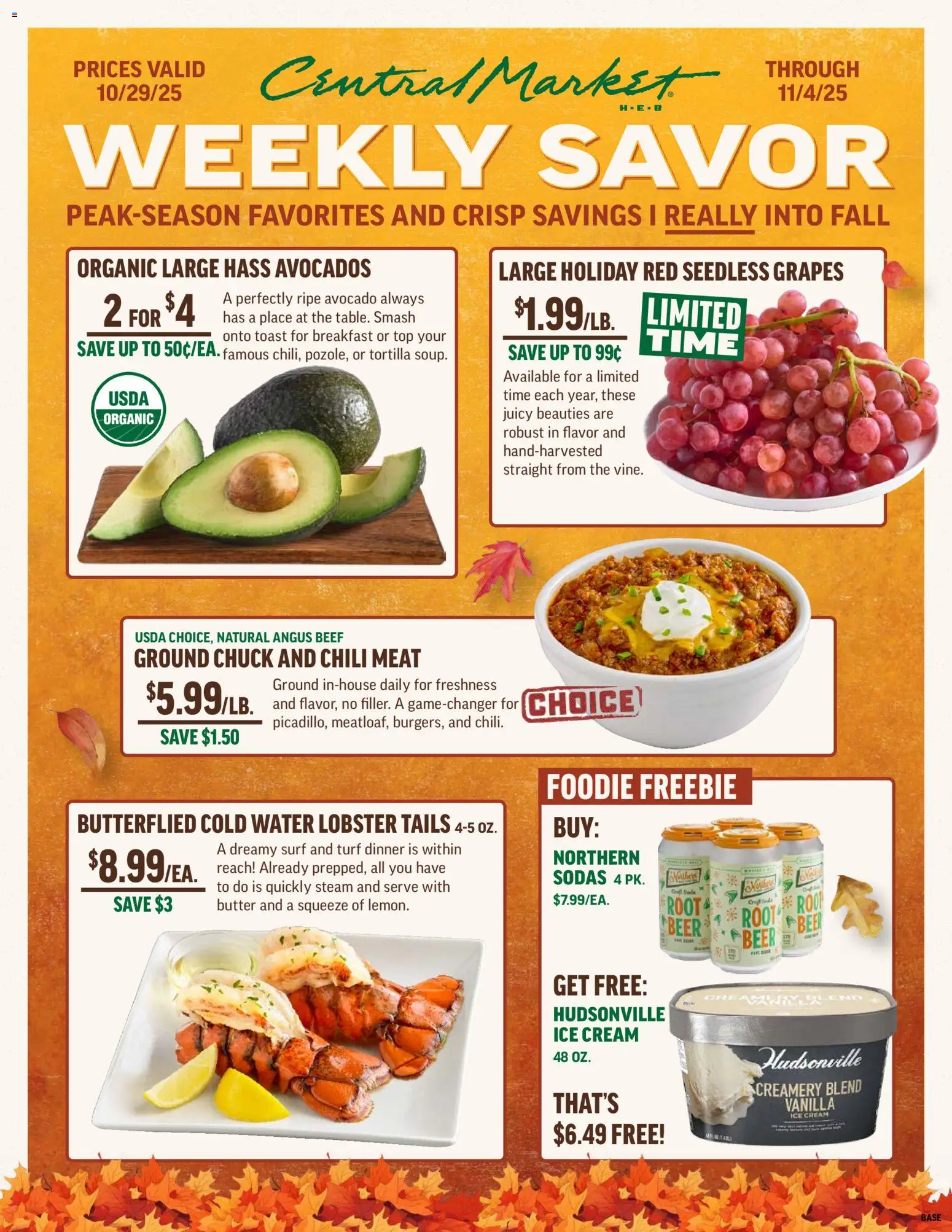 Ad Preview of Central Market Weekly Ad from 10/29/2025 - Chili, Beer, Water, Avocado, Butter, Beef, Cream, Seedless grapes
