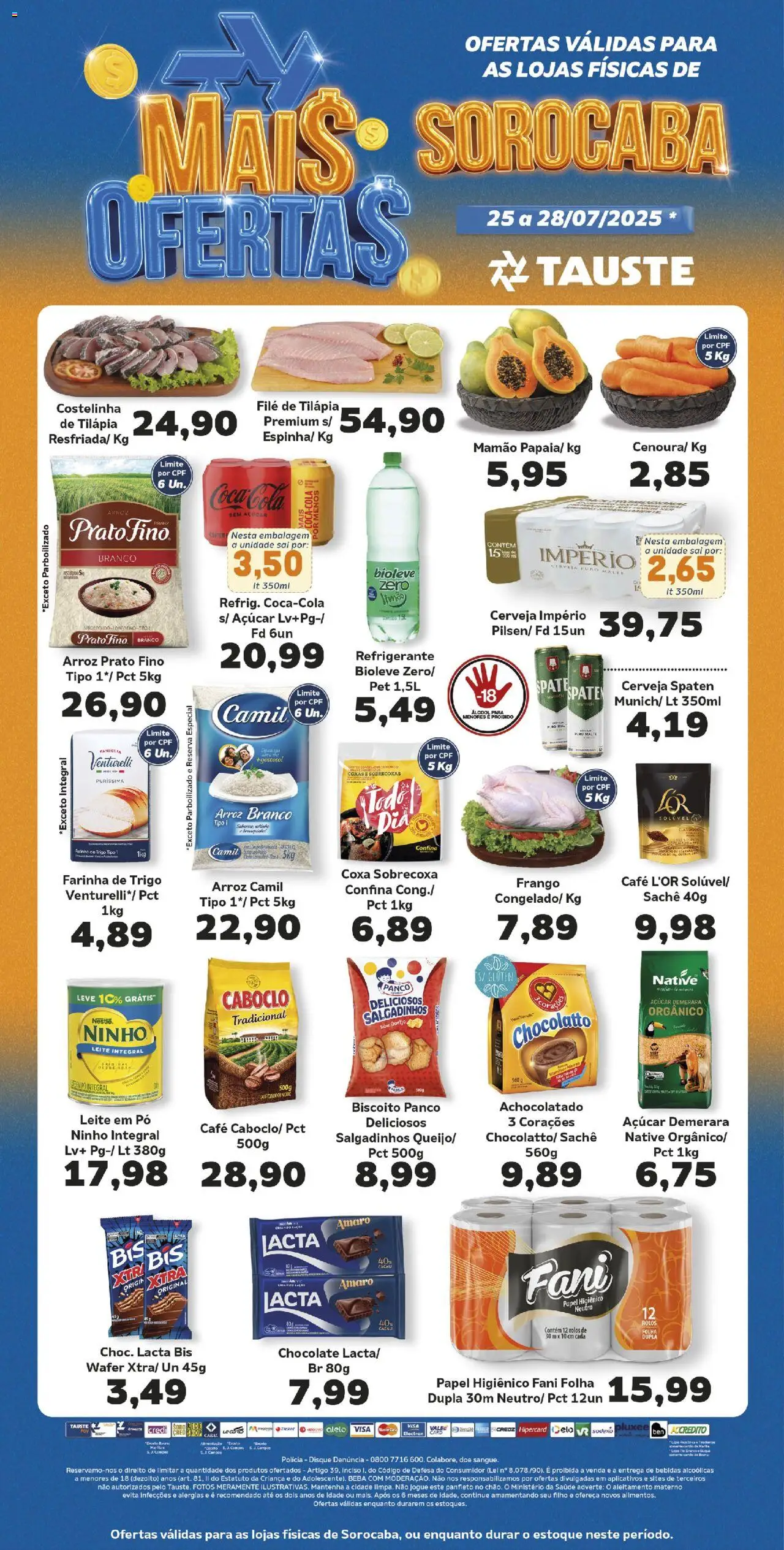 Tauste folheto "Ofertas Fim de Semana" válido a partir de 25/07/2025 - número de página 1 - Arroz, Açúcar, Refrigerante, Leite em pó, Filé de tilápia, Farinha, Leite integral, Tilápia