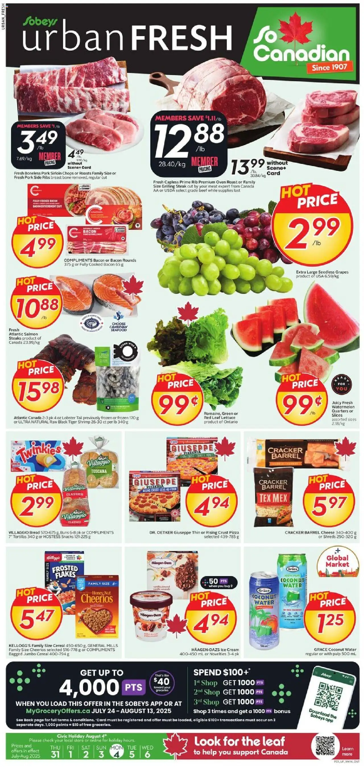 Sobeys flyer valid from Jul 31, 2025 - page number 1 - Cheese, Shrimp, Coconut, Bacon, Pork, Oven, Roast, Seedless grapes