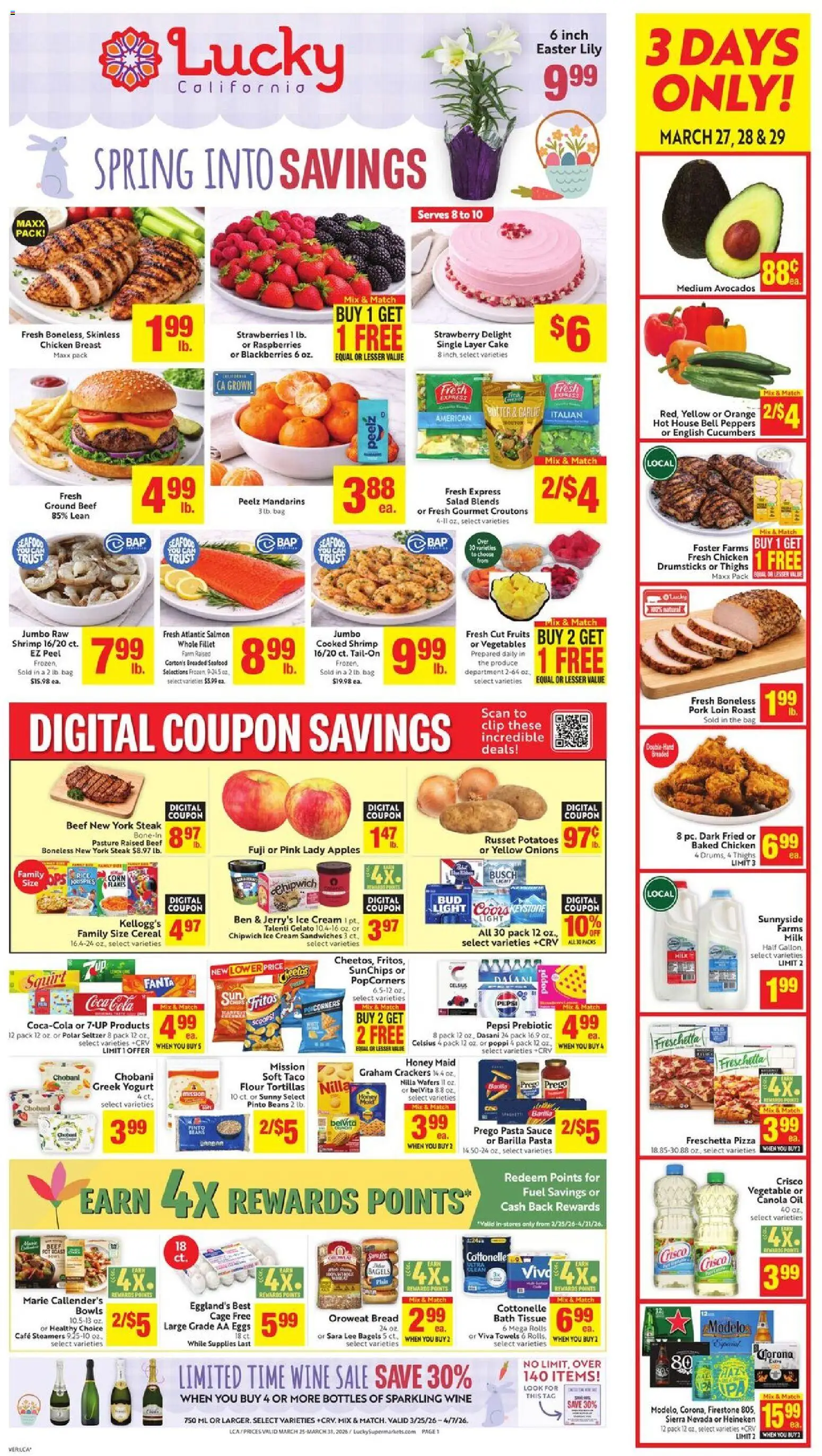 Ad Preview of Lucky Supermarkets Lucky Supermarkets Weekly - CA from 03/25/2026 - Pizza, Steak, Salad, Corn, Cucumbers, Bath, Pork, Wafers