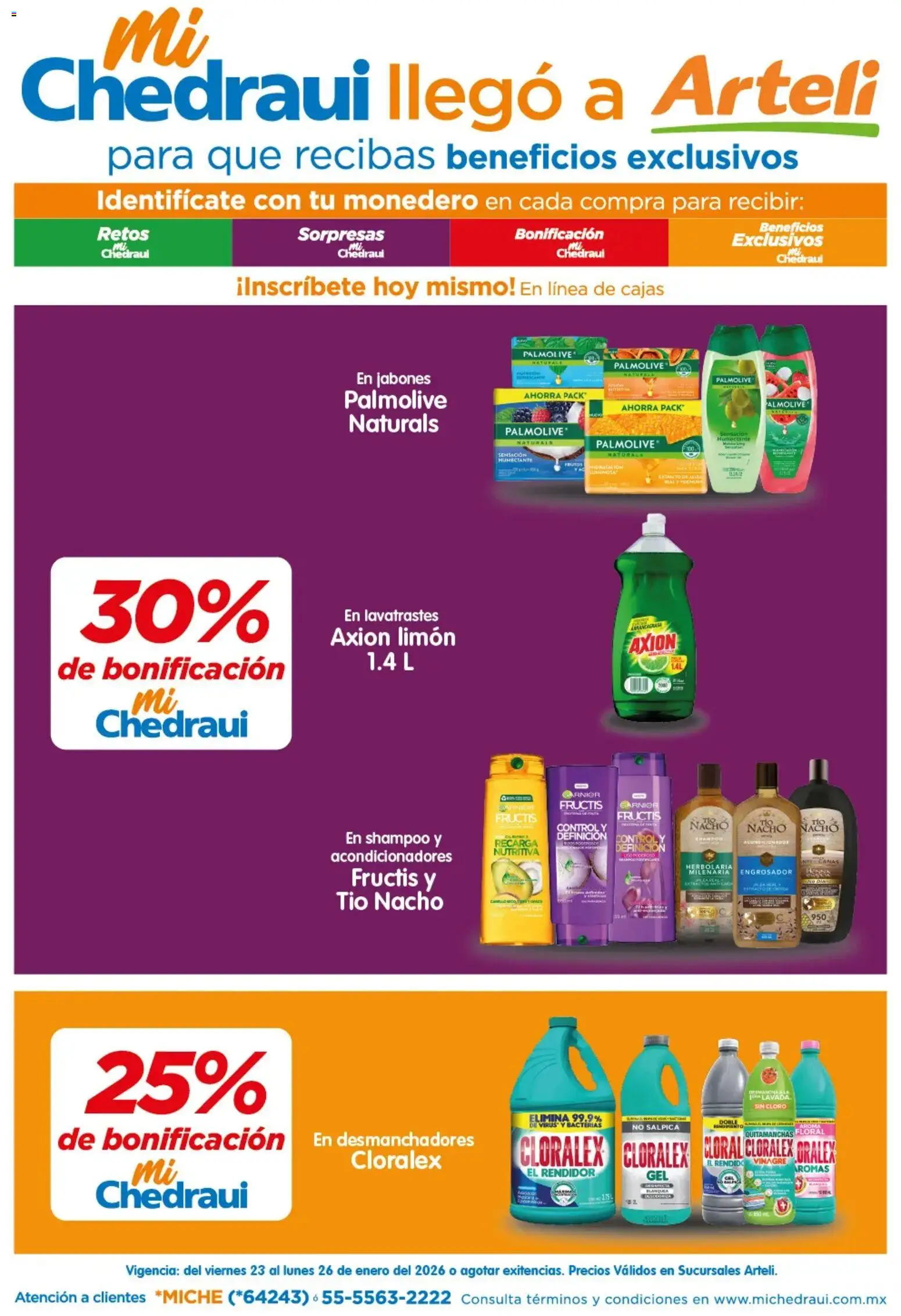 Vista previa las ofertas de la tienda Arteli - Folleto MiChedraui desde el 23/01/2026 - Shampoo, Limón, Cloro, Vinagre, Monedero, Quitamanchas