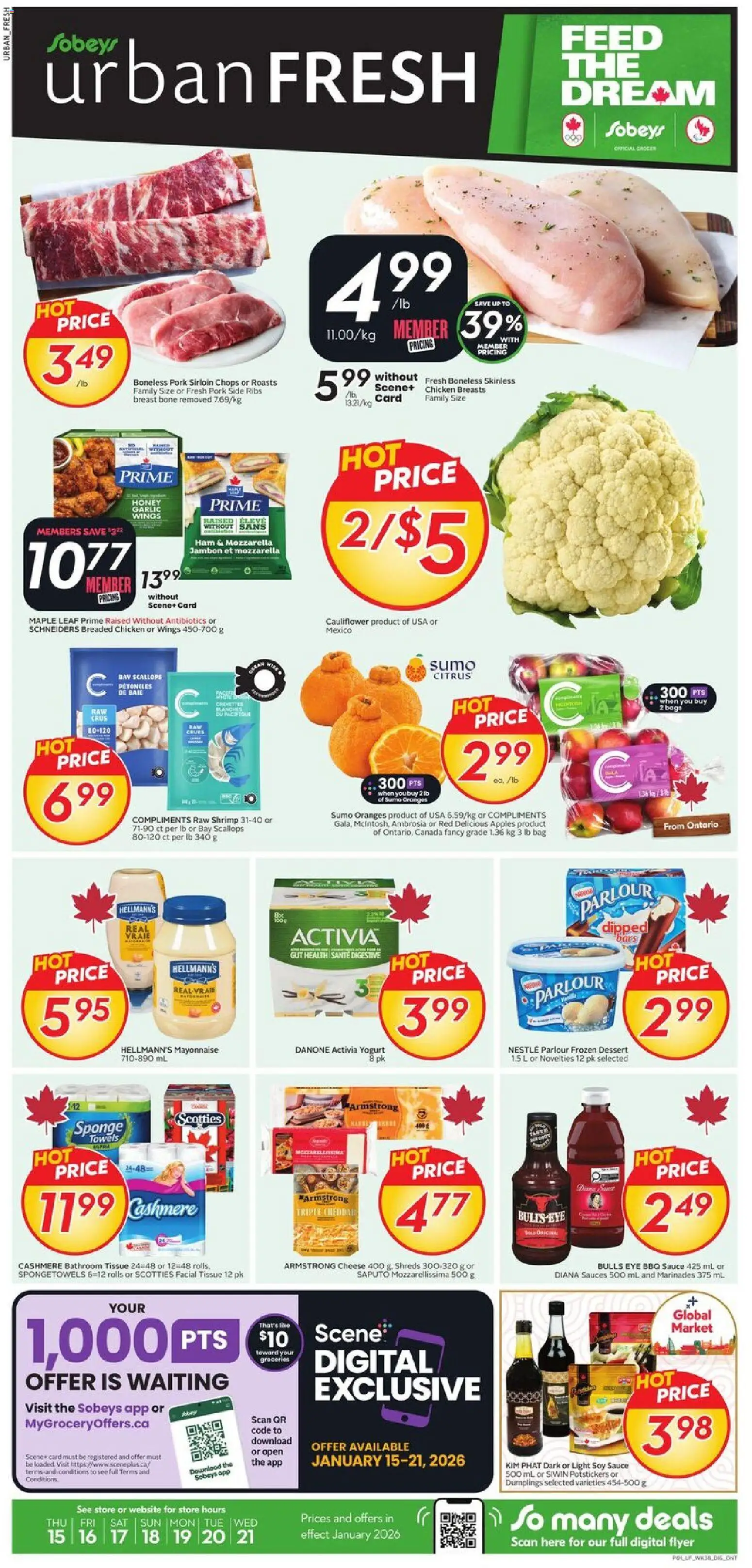 Preview of leaflet Weekly Flyer - Urban Fresh from shop Sobeys is valid from Jan 15, 2026 - Honey, Cheese, Yogurt, Shrimp, Mayonnaise, Garlic, Towels, Sponge