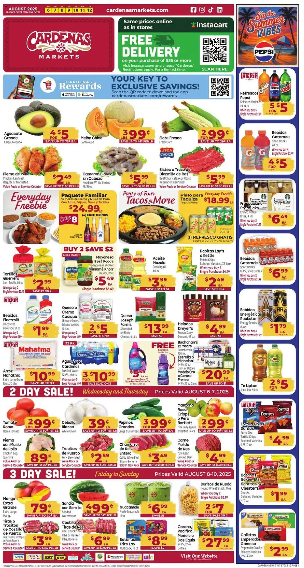 Cardenas Weekly Ad from 08/06/2025 - Flyer - Page number 1 - Apples, Cookies, Cheese, Shrimp, Tomato, Corn, Pepsi, Oil