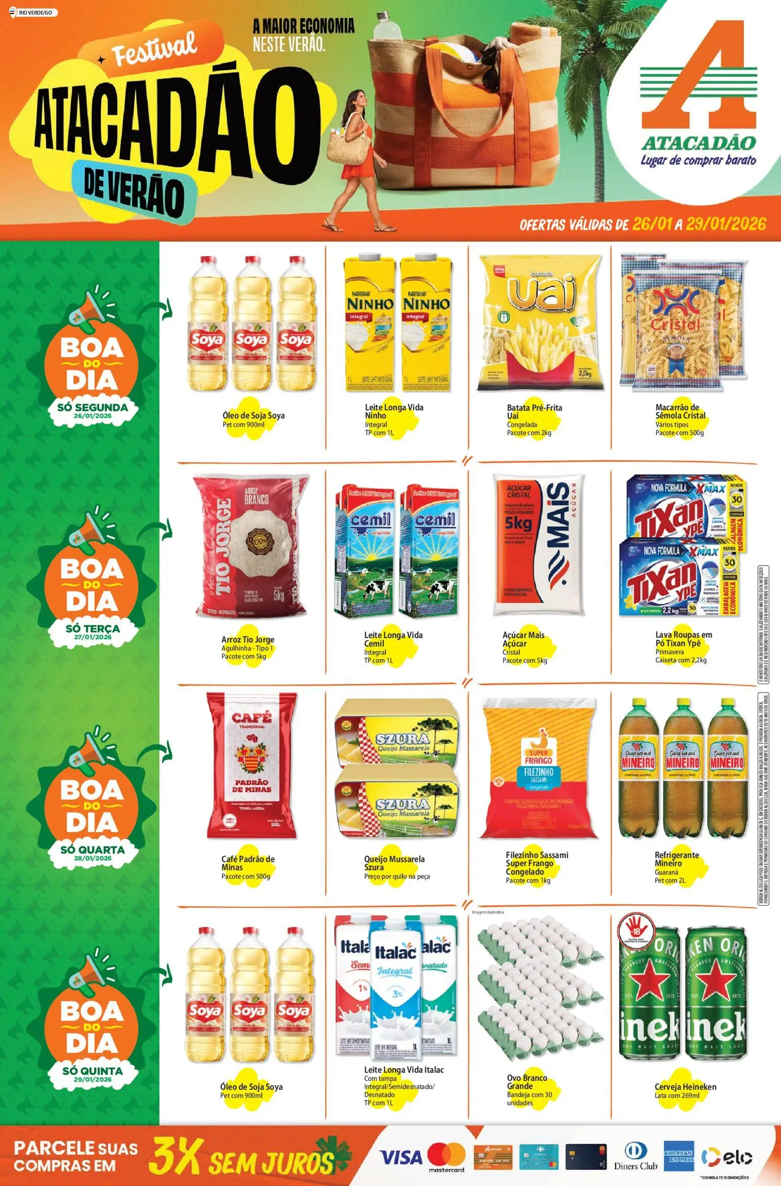 Pré-Visualização do folheto "Ofertas - GO" da loja Atacadão válido a partir de 26/01/2026 - Cerveja, Óleo, Arroz, Queijo, Mussarela, Cesta, Bandeja, Guaraná