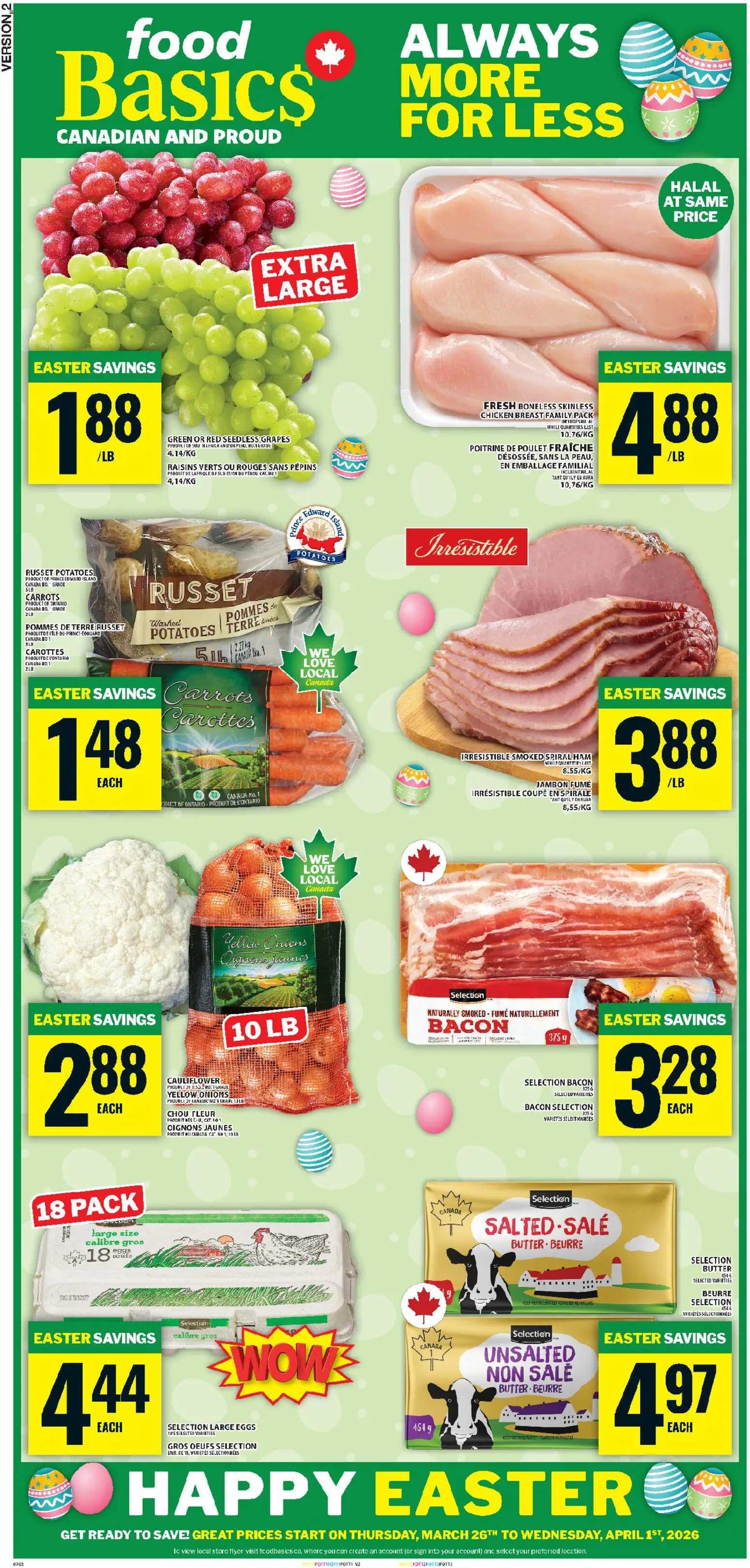 Preview of leaflet Food Basics weekly flyer - Kanata from shop Food Basics is valid from Mar 26, 2026 - Jambon, Carottes, Beurre, Pommes de terre, Chou, Pommes, Poulet
