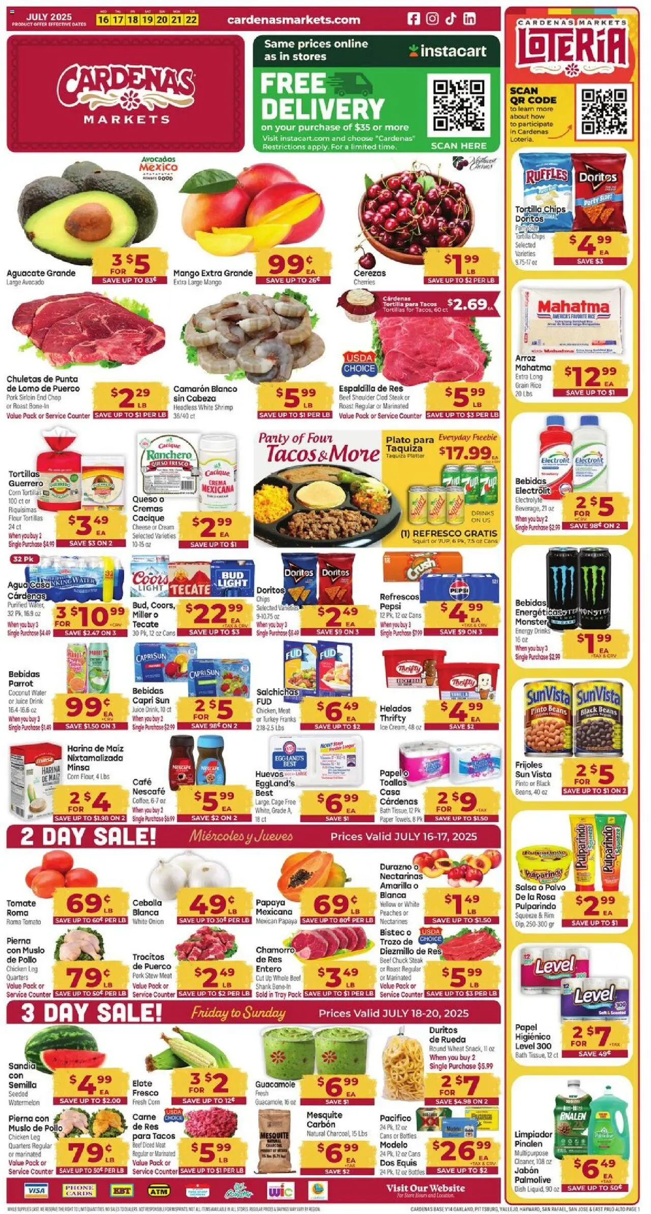Cardenas Weekly Ad from 07/16/2025 - Flyer - Page number 1 - Peaches, Nectarines, Meat, Chicken, Juice, Tortillas, Phone, Onion