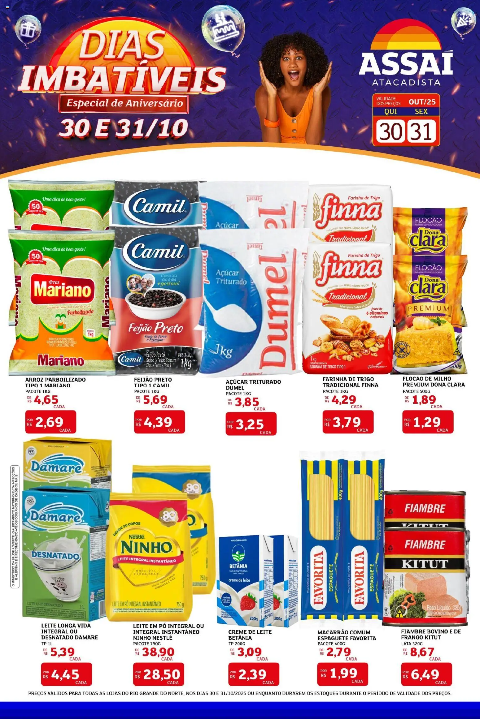 Pré-Visualização do folheto "Encarte - RN" da loja Assaí Atacadista válido a partir de 30/10/2025 - Macarrão, Arroz, Feijão, Leite, Açúcar, Copos, Leite integral, Leite longa vida