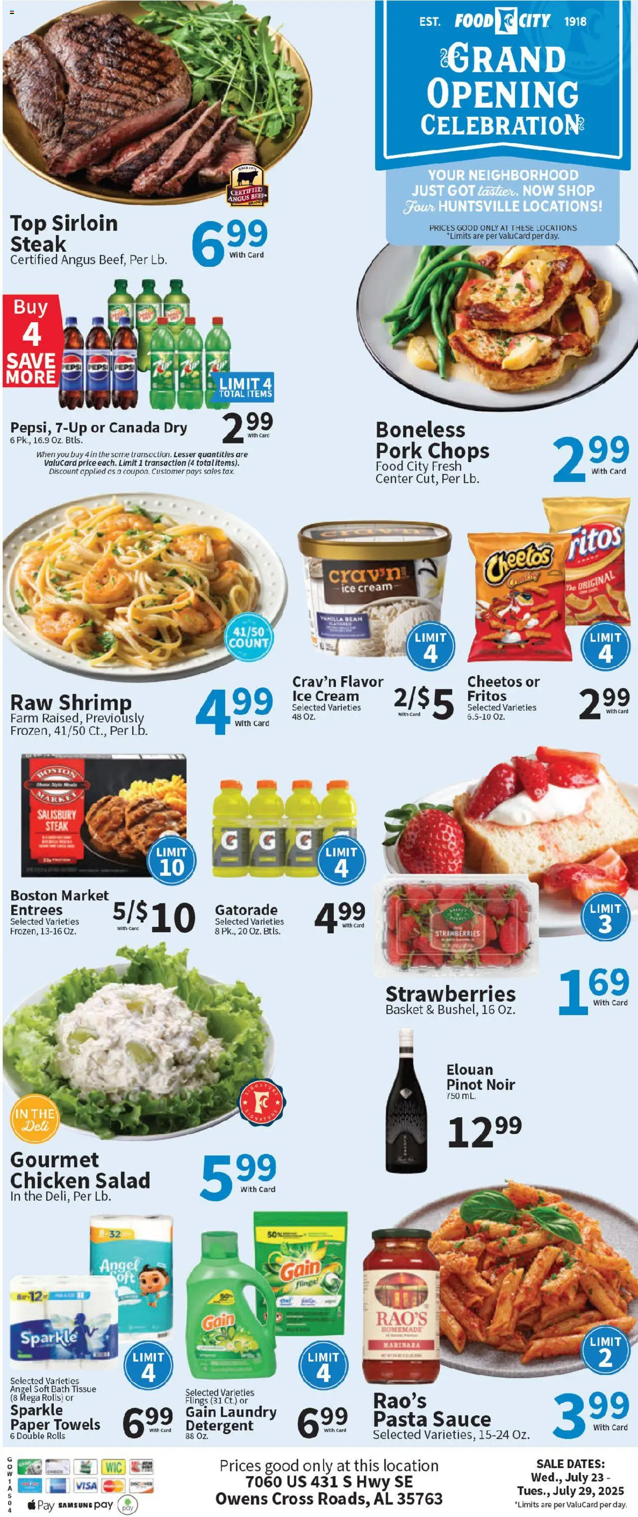 Food City Grand Opening from 07/23/2025 - Flyer - Page number 1 - Pasta, Ice, Steak, Bath, Basket, Pork, Cream, Vanilla
