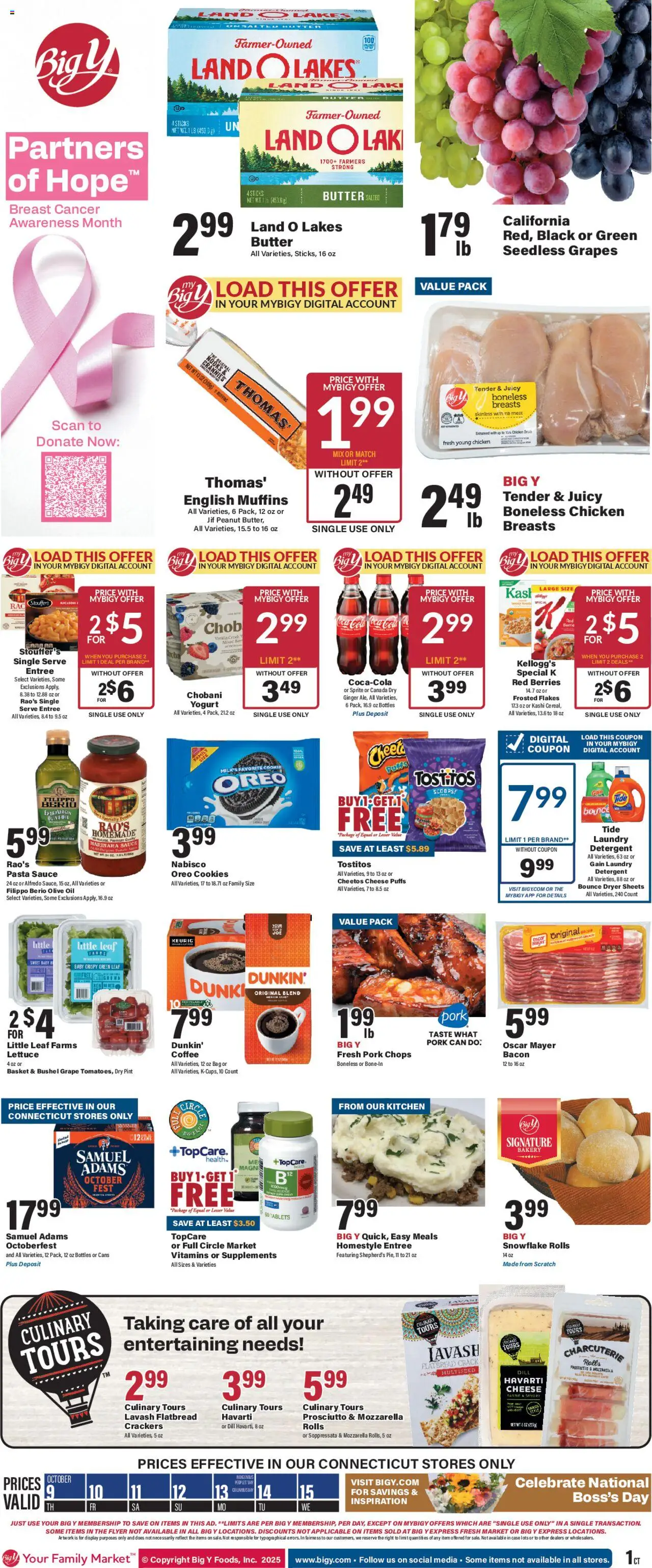 Ad Preview of Big Y Weekly Ad from 10/09/2025 - Pasta, Meat, Grapes, Sprite, Pork, Mozzarella, Berries, Dill