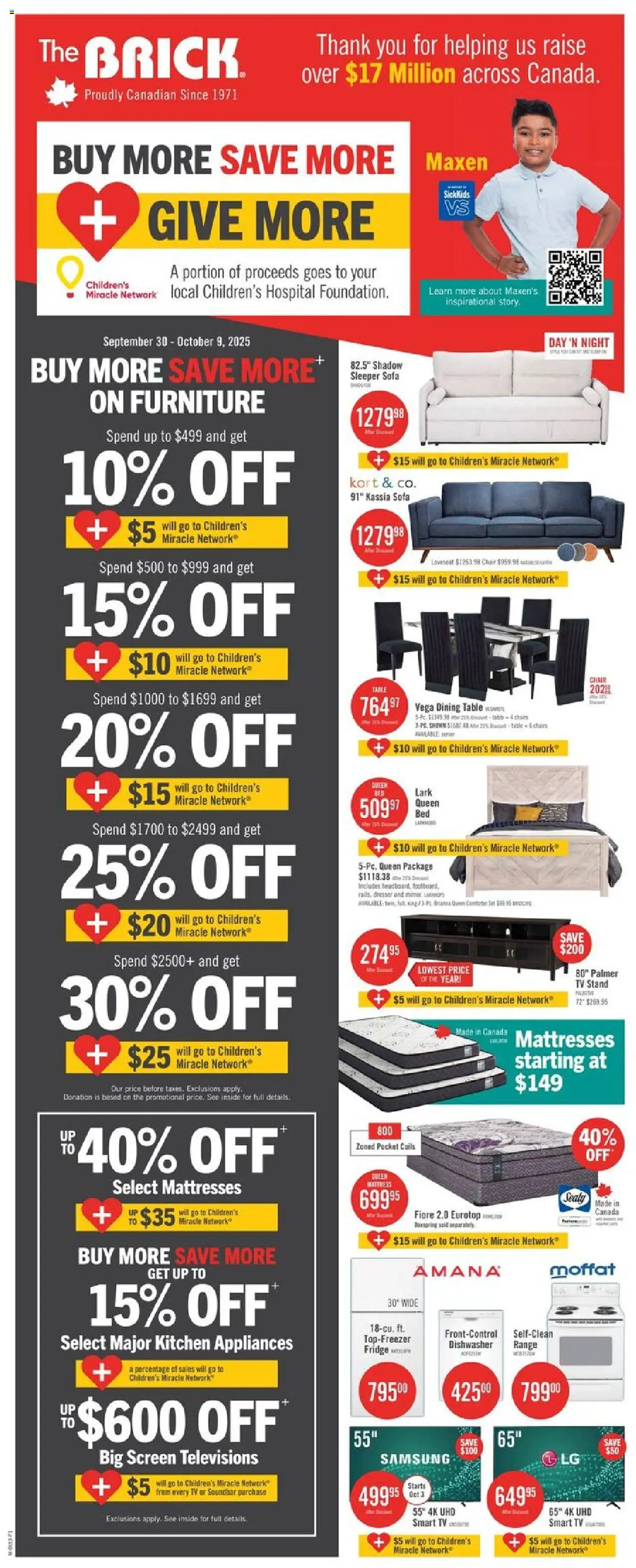 The Brick flyer valid from Sep 30, 2025 - page number 1 - Tv, Mattresses, Sofa, Dresser, Chair, Chairs, Soundbar, Table